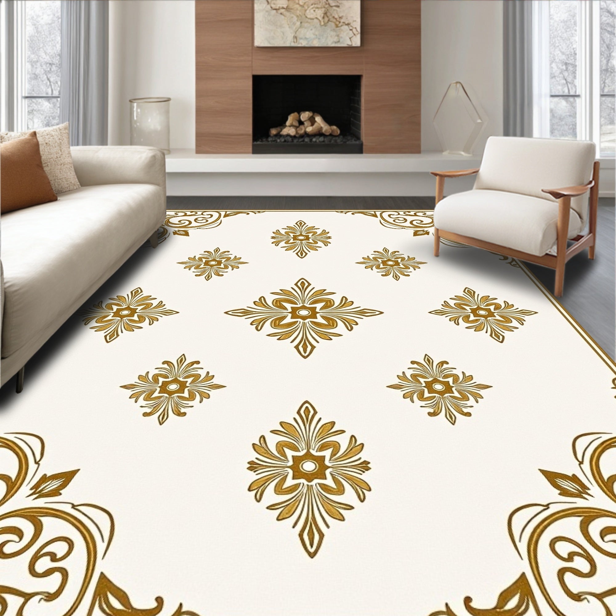 Ornate Gold Floral Medallion Frame Rug