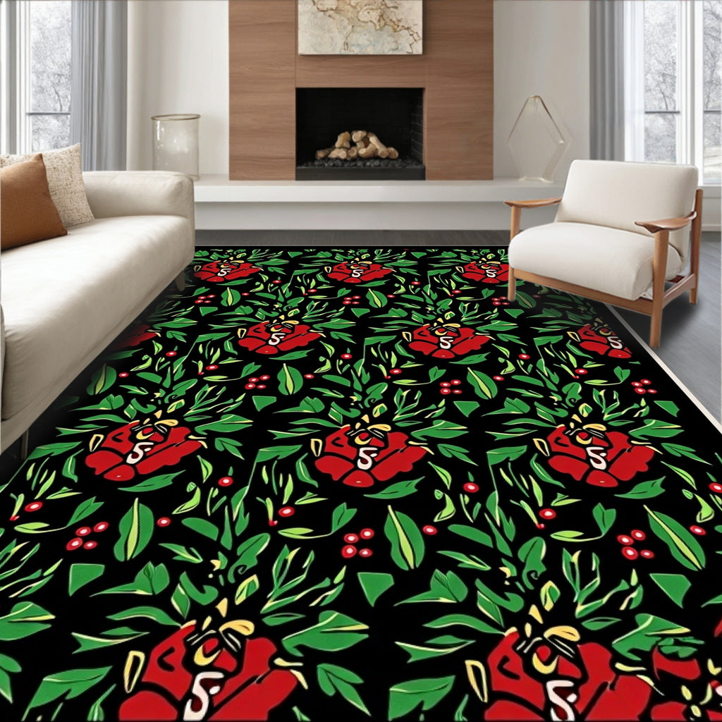 Bold Red Floral Botanical Garden Rug