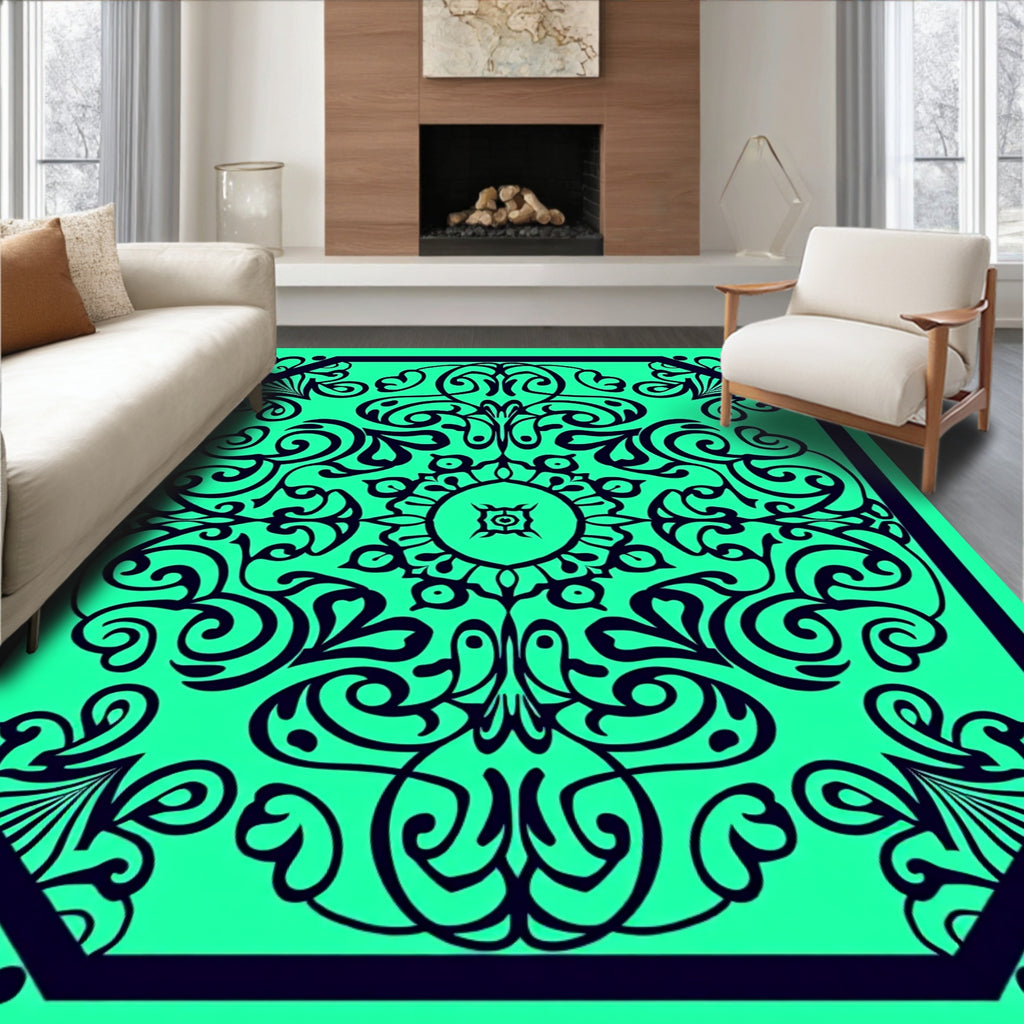 Emerald Green Black Scroll Medallion Rug