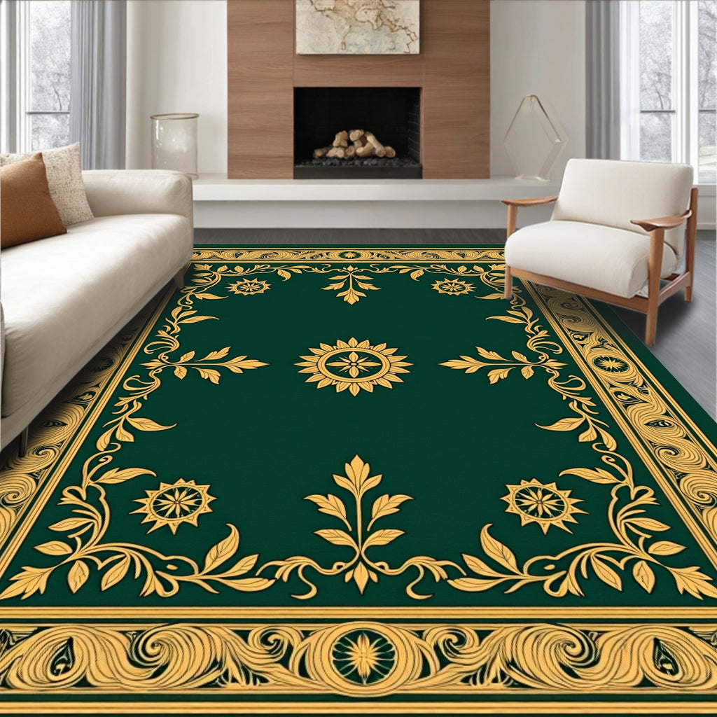 Gilded Emerald Floral Vine Border Rug