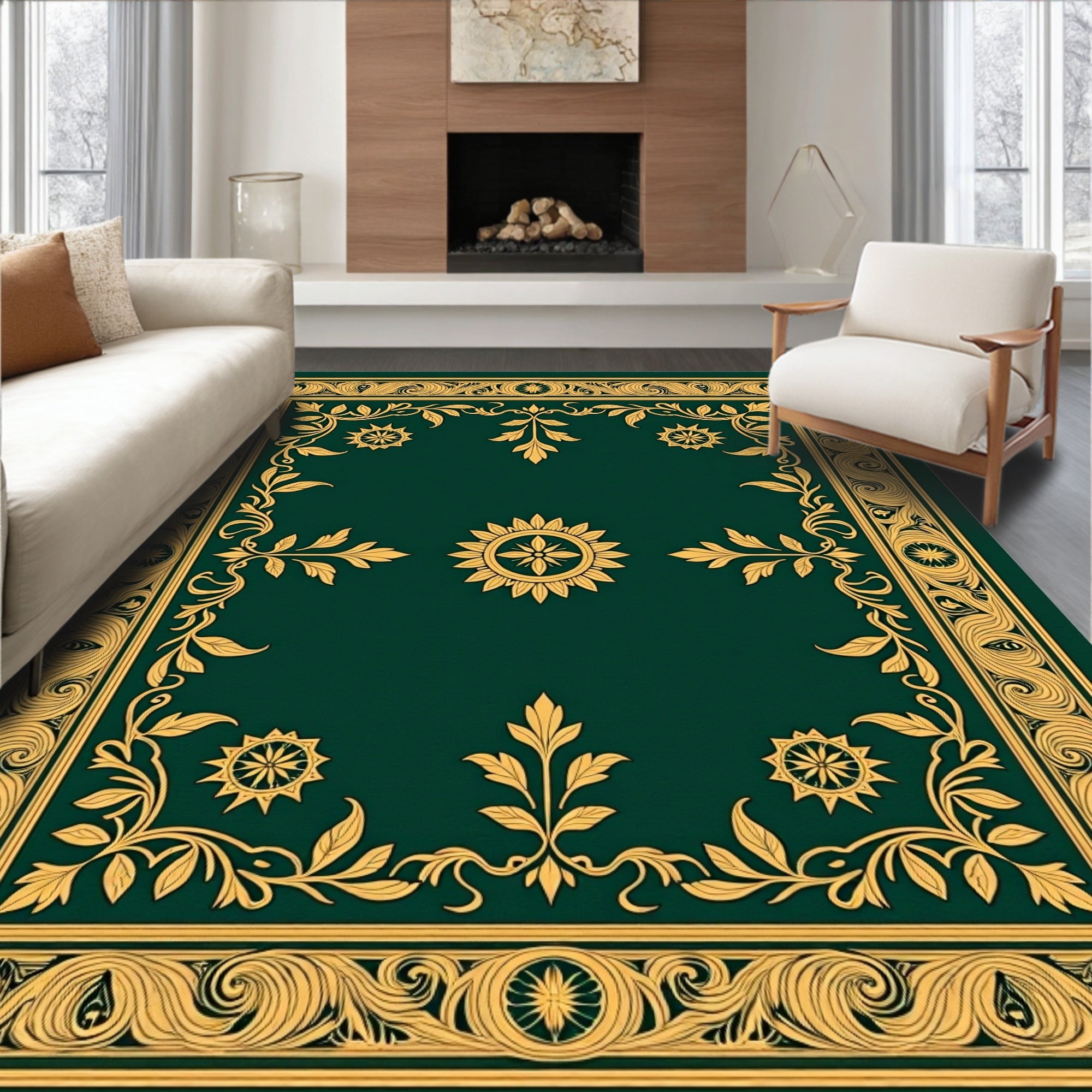 Gilded Emerald Floral Vine Border Rug