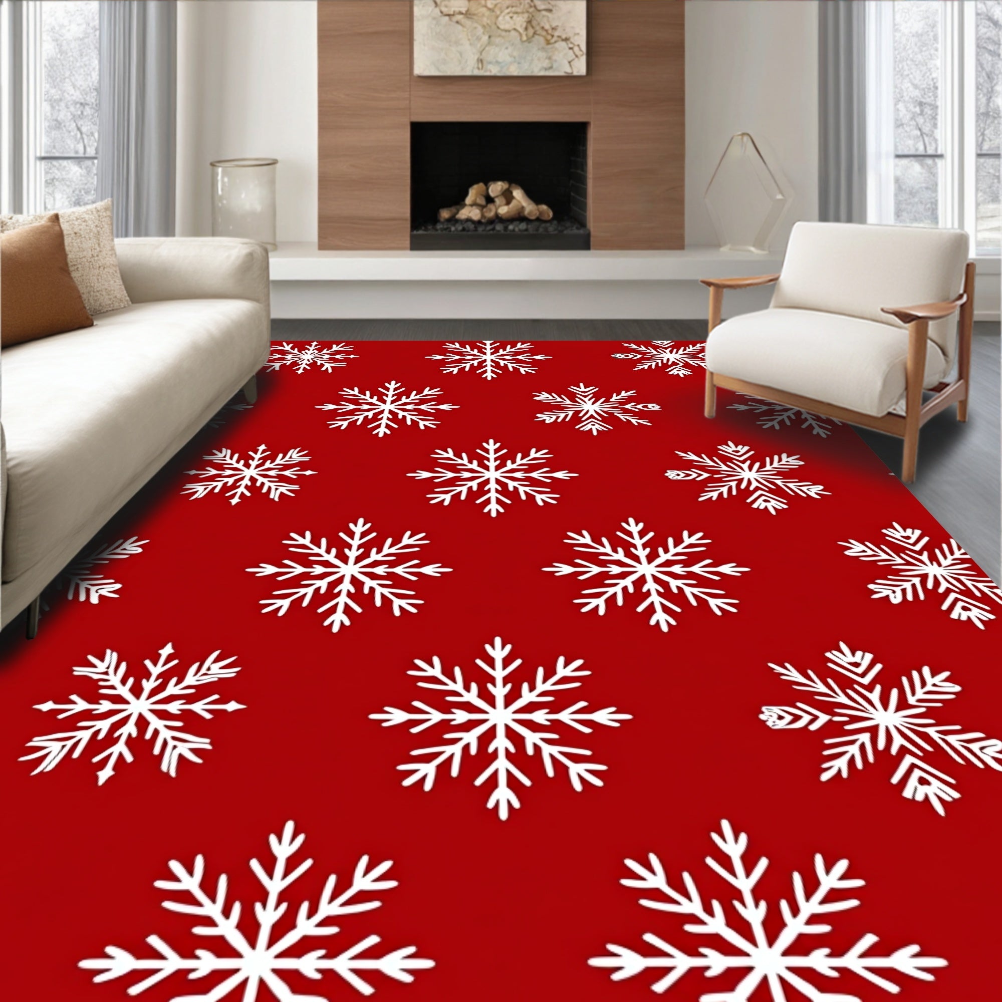 White Snowflake Festive Crimson Rug