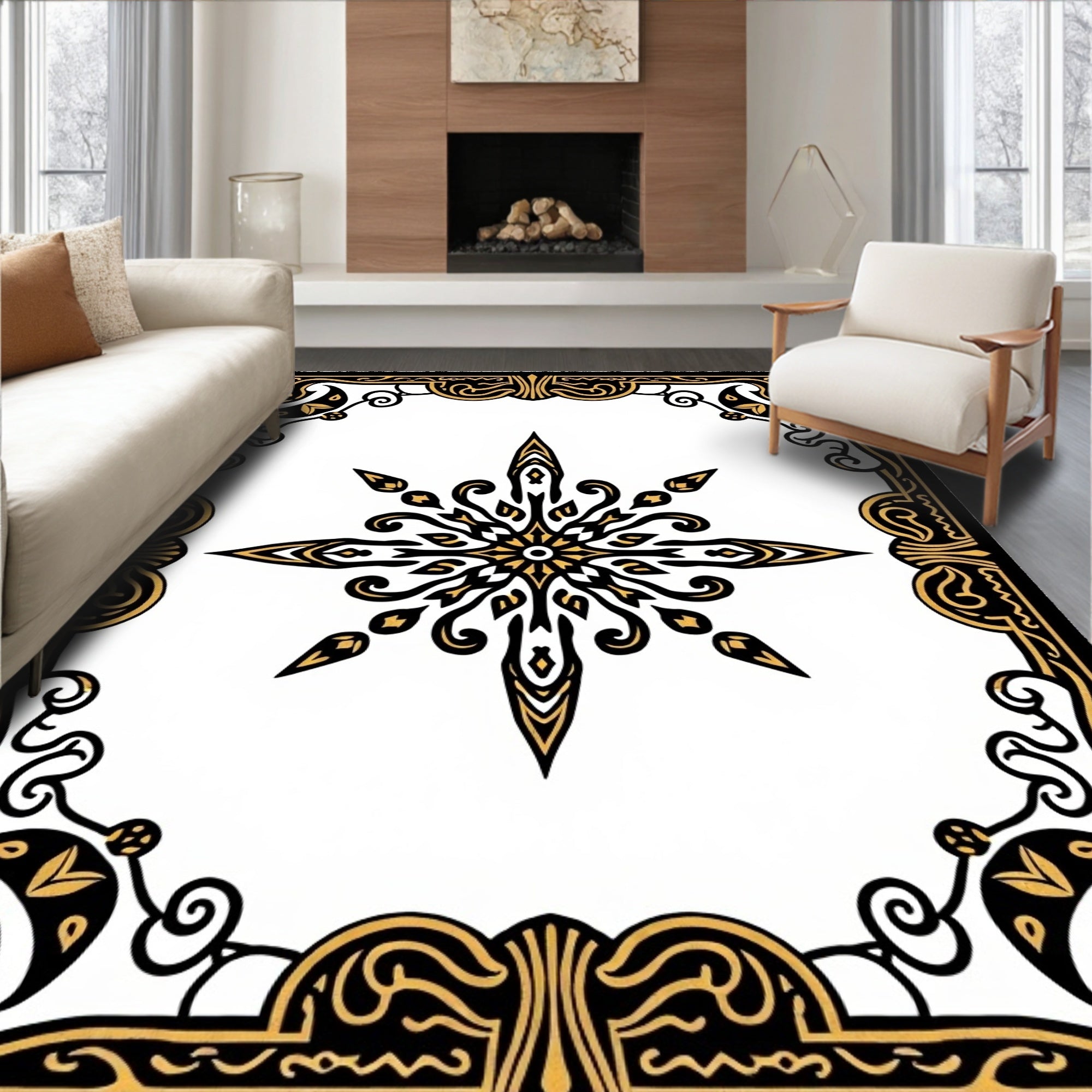 Ornate Black and Gold Starburst Frame Rug