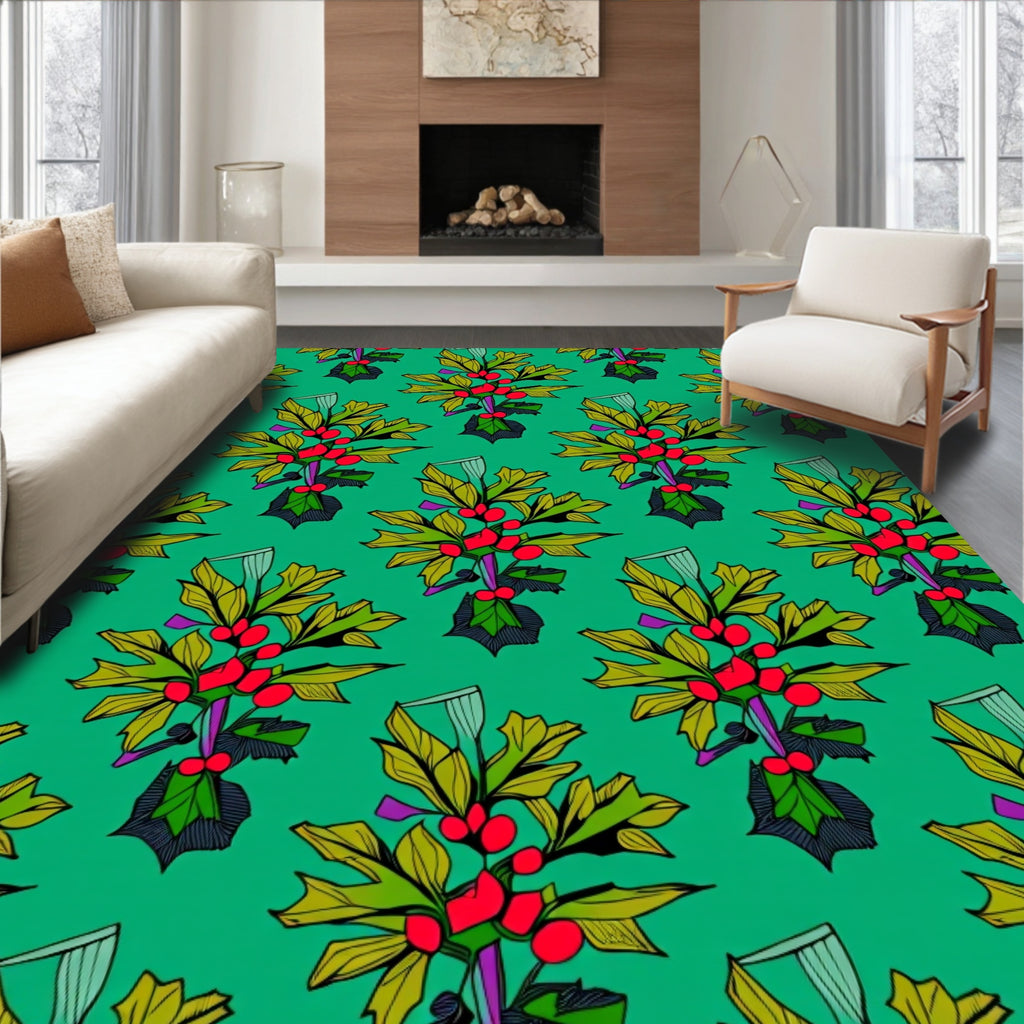 Emerald Green Holly Berry Branch Rug