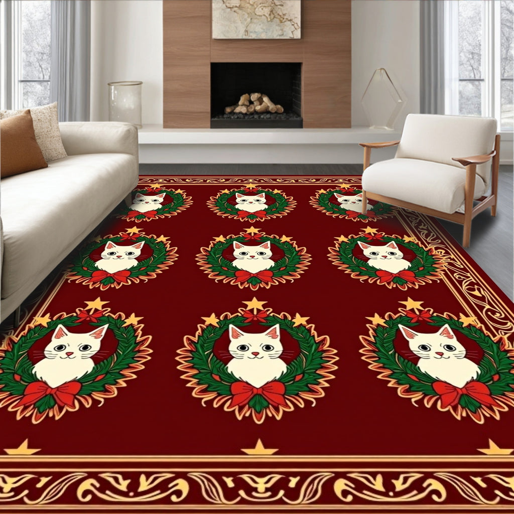 Festive Red Wreath Cat Collage Rug