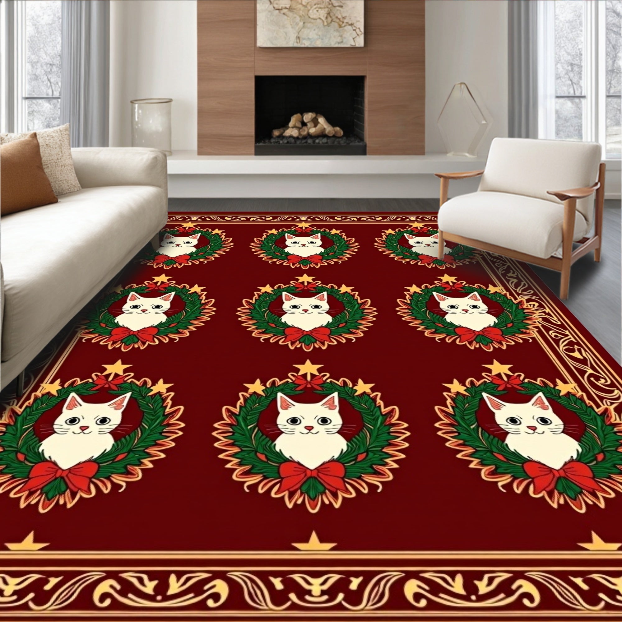 Festive Red Wreath Cat Collage Rug