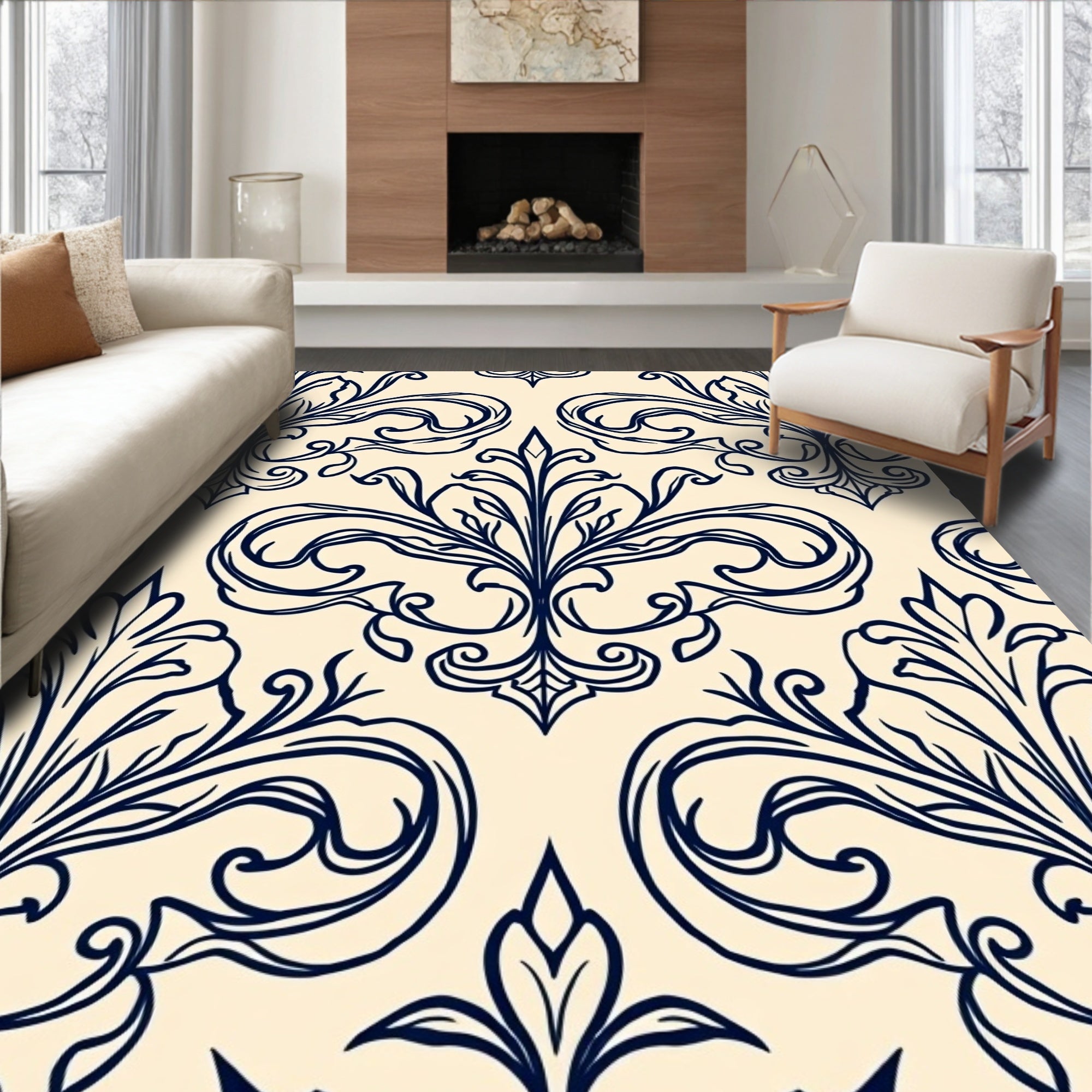 Navy Cream Floral Scroll Composed Rug