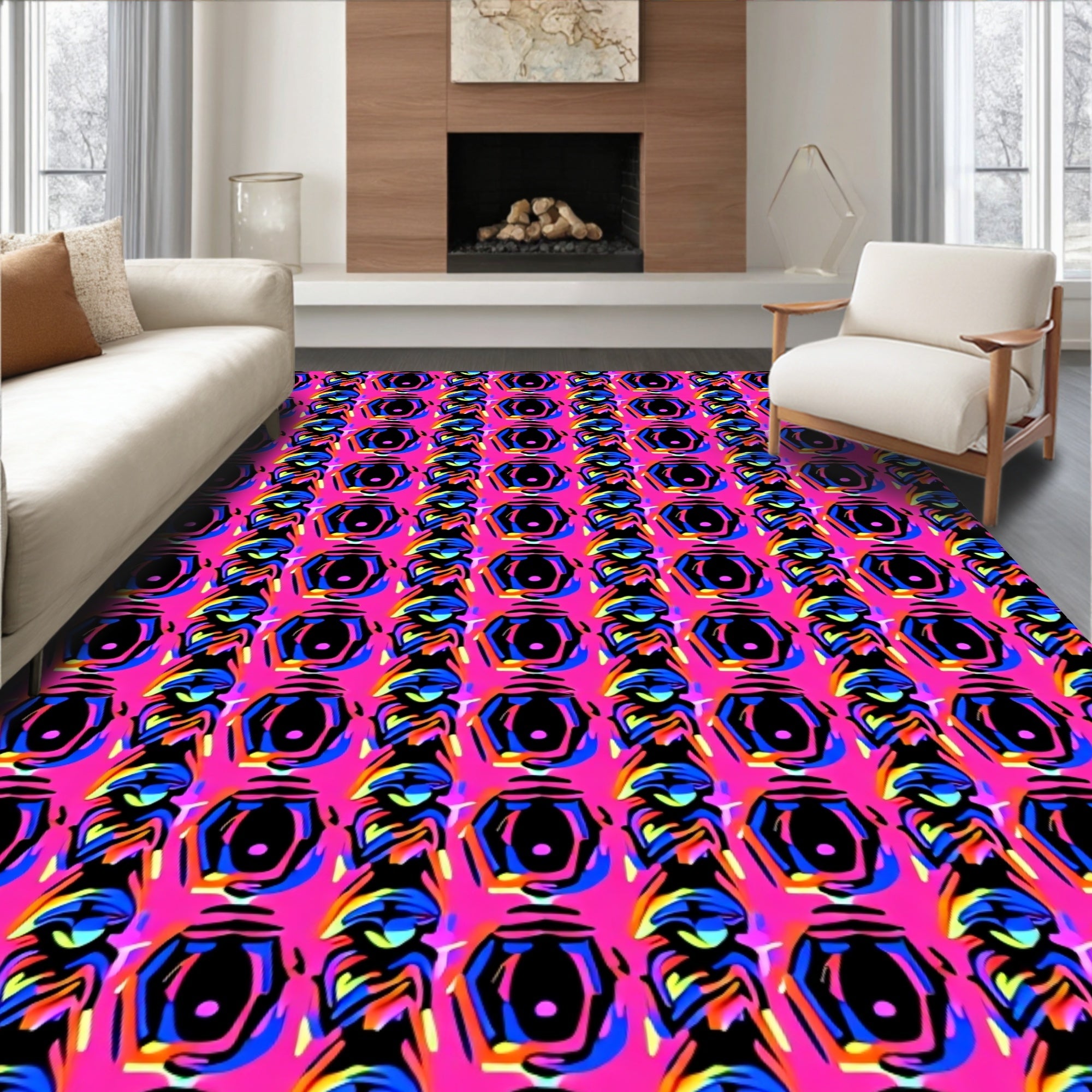 Vibrant Pink Black Hexagon Abstract Rug
