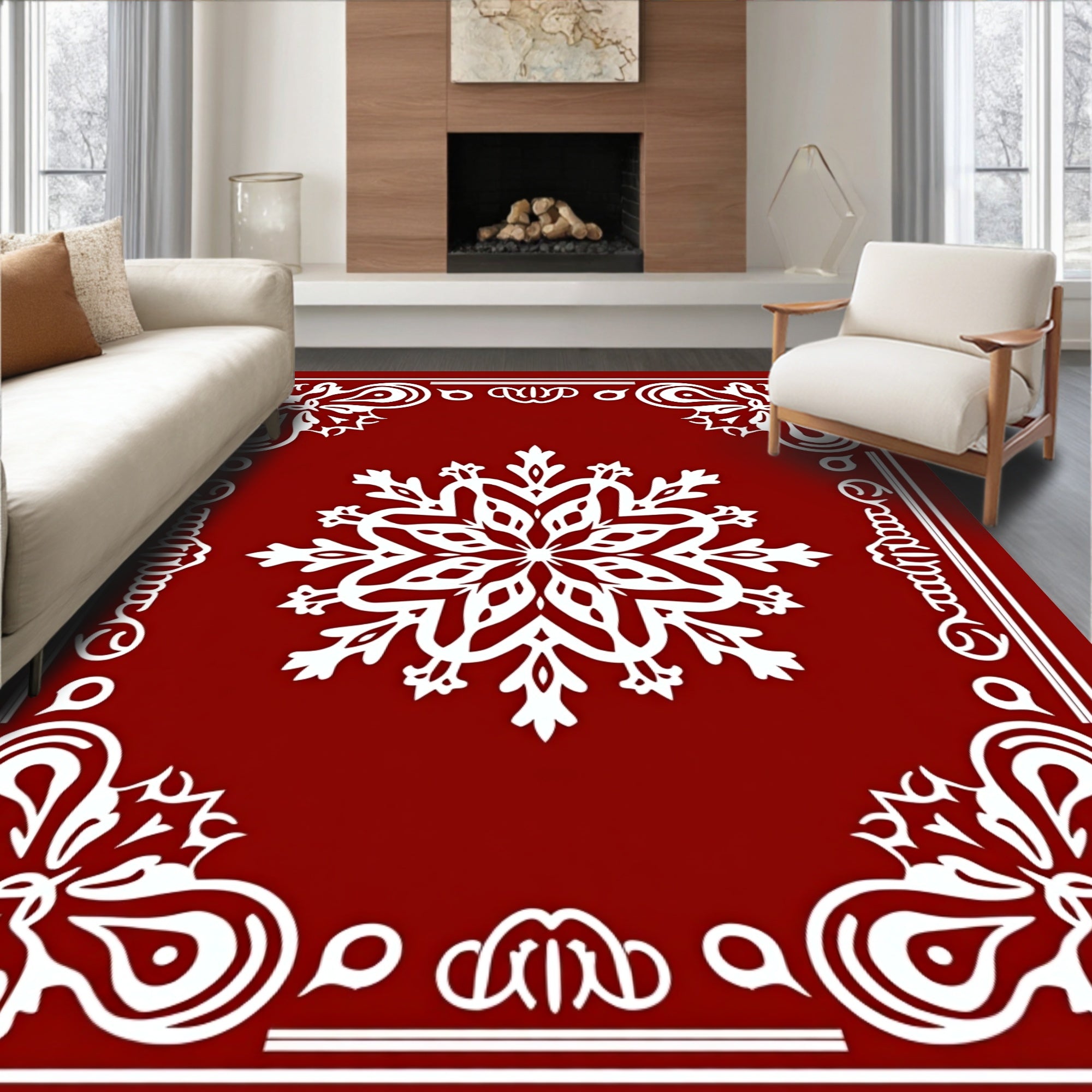 Crimson Red Snowflake Medallion Border Rug
