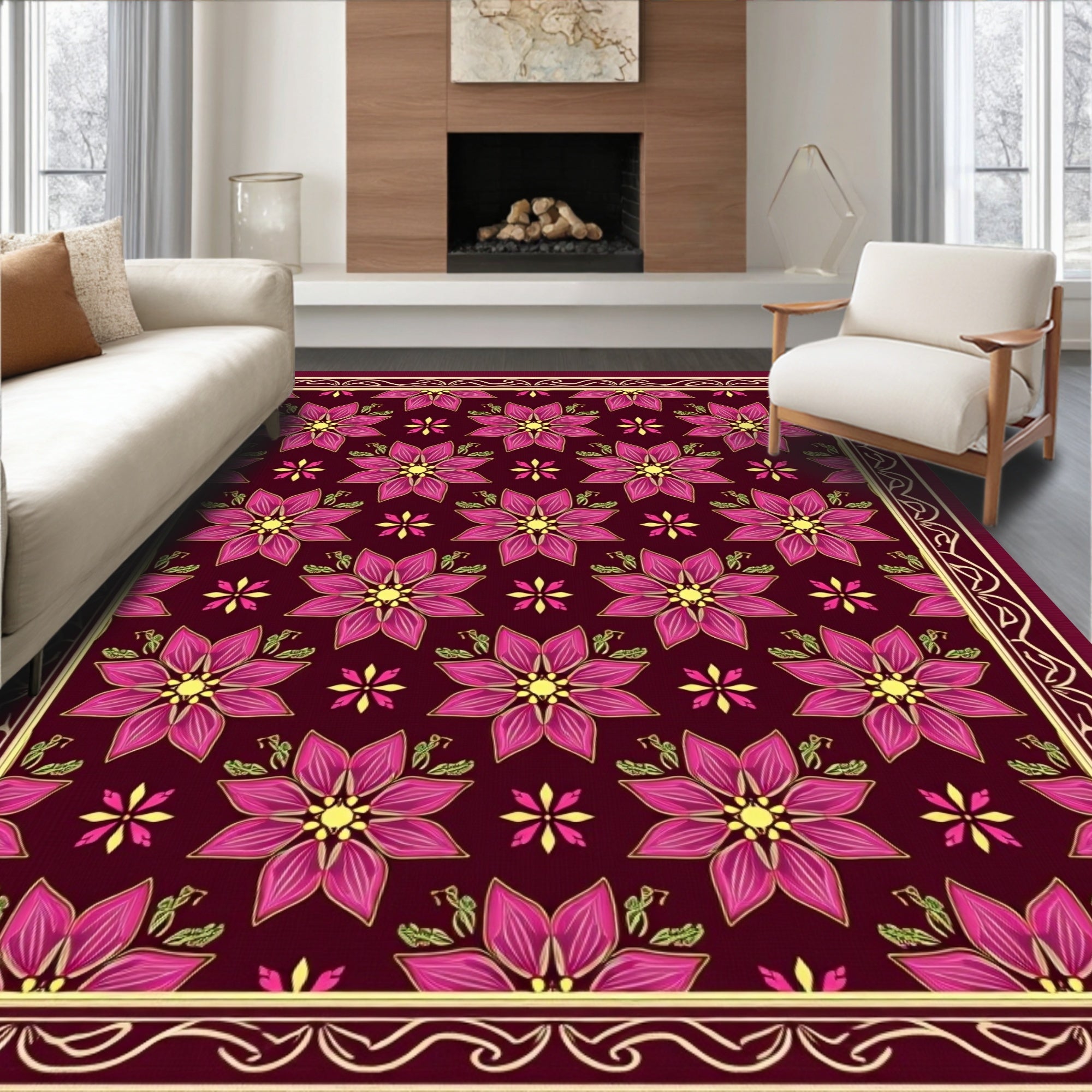 Rich Burgundy Pink Floral Medallion Rug