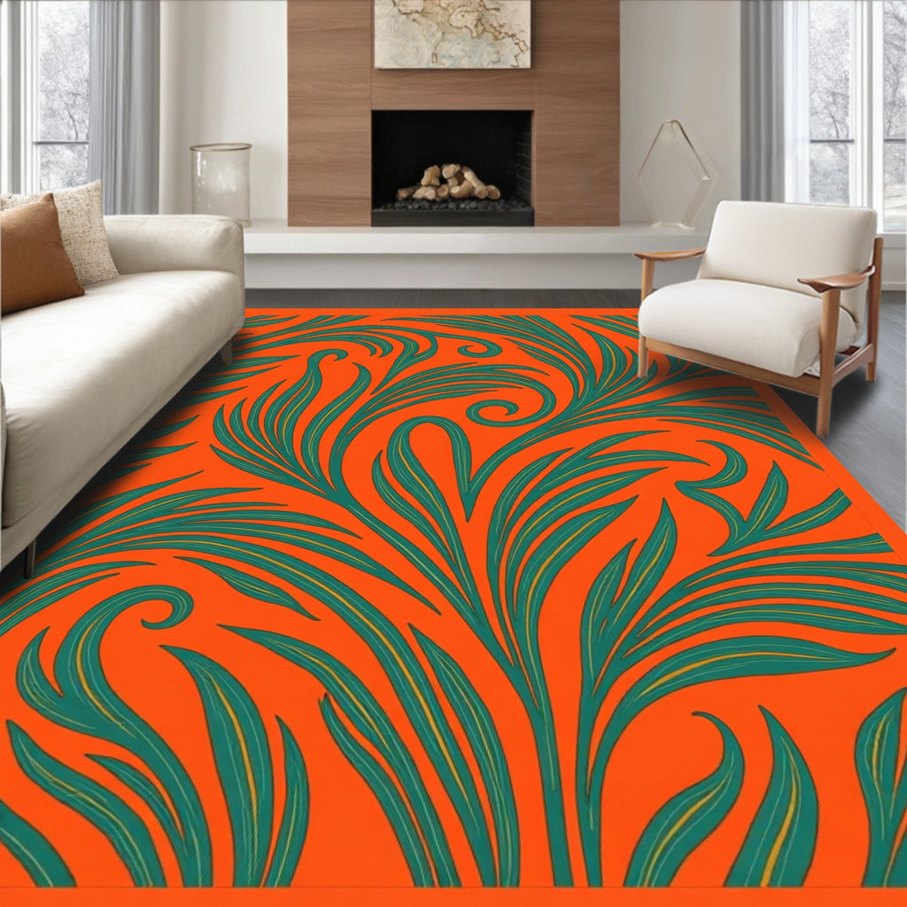 Vibrant Teal Swirl Tropical Foliage Rug
