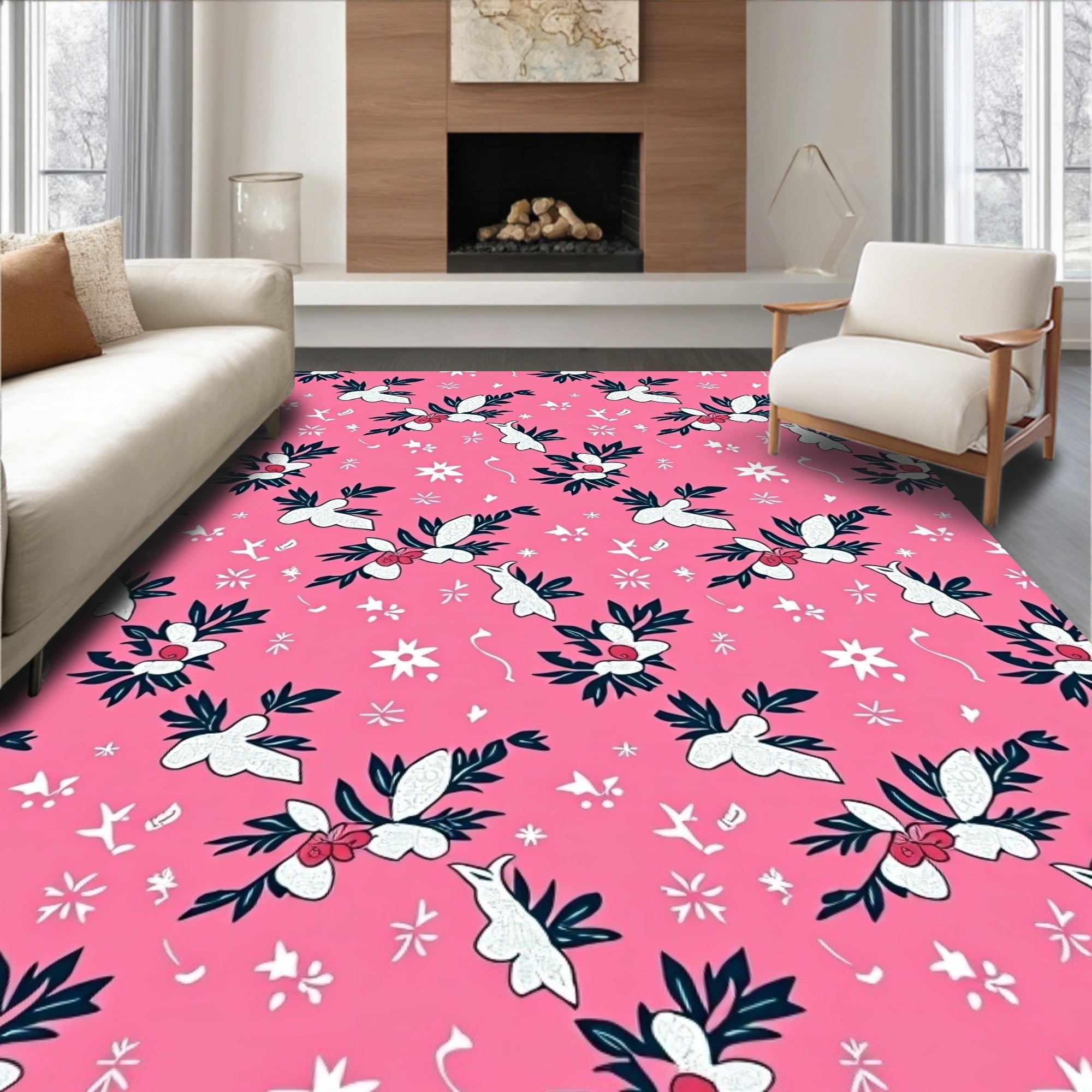 Pink Blossoms with Birds and Stars Rug