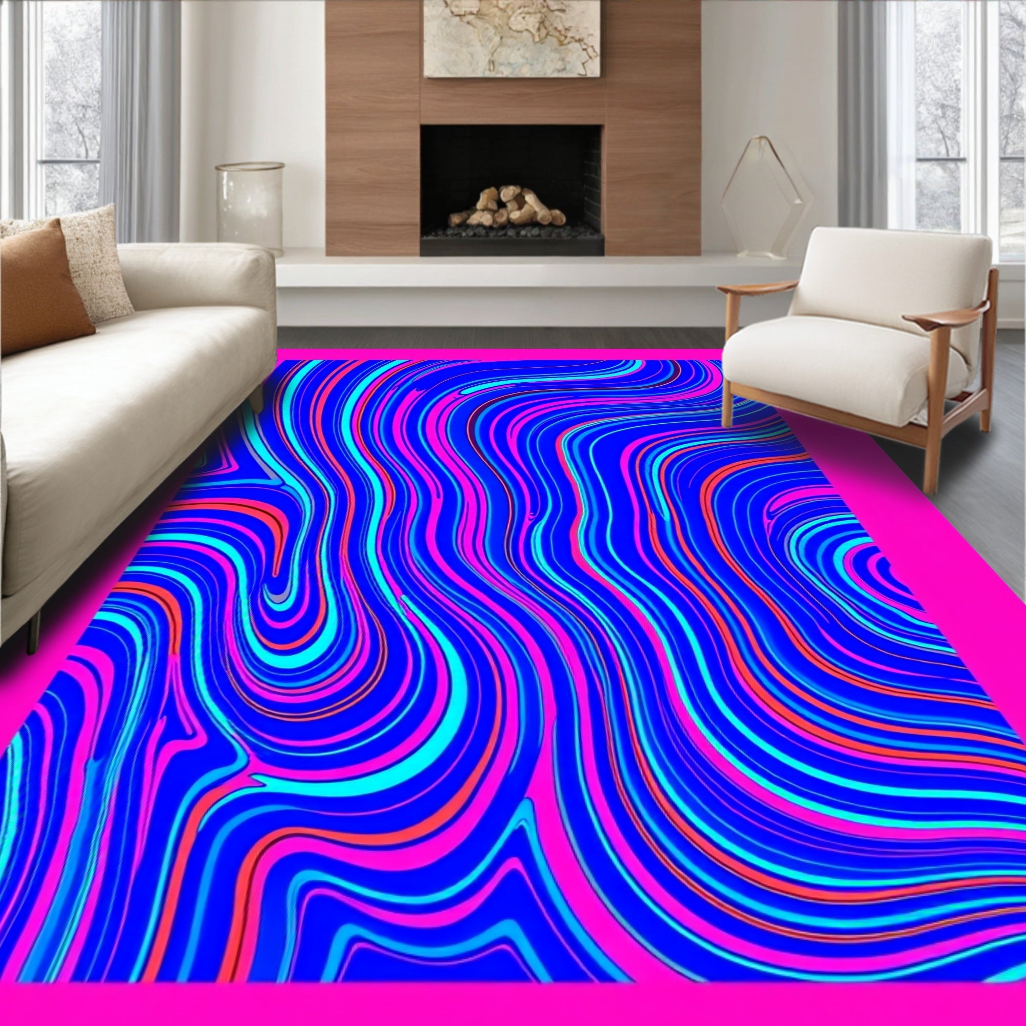 Vibrant Blue Pink Swirl Abstract Rug