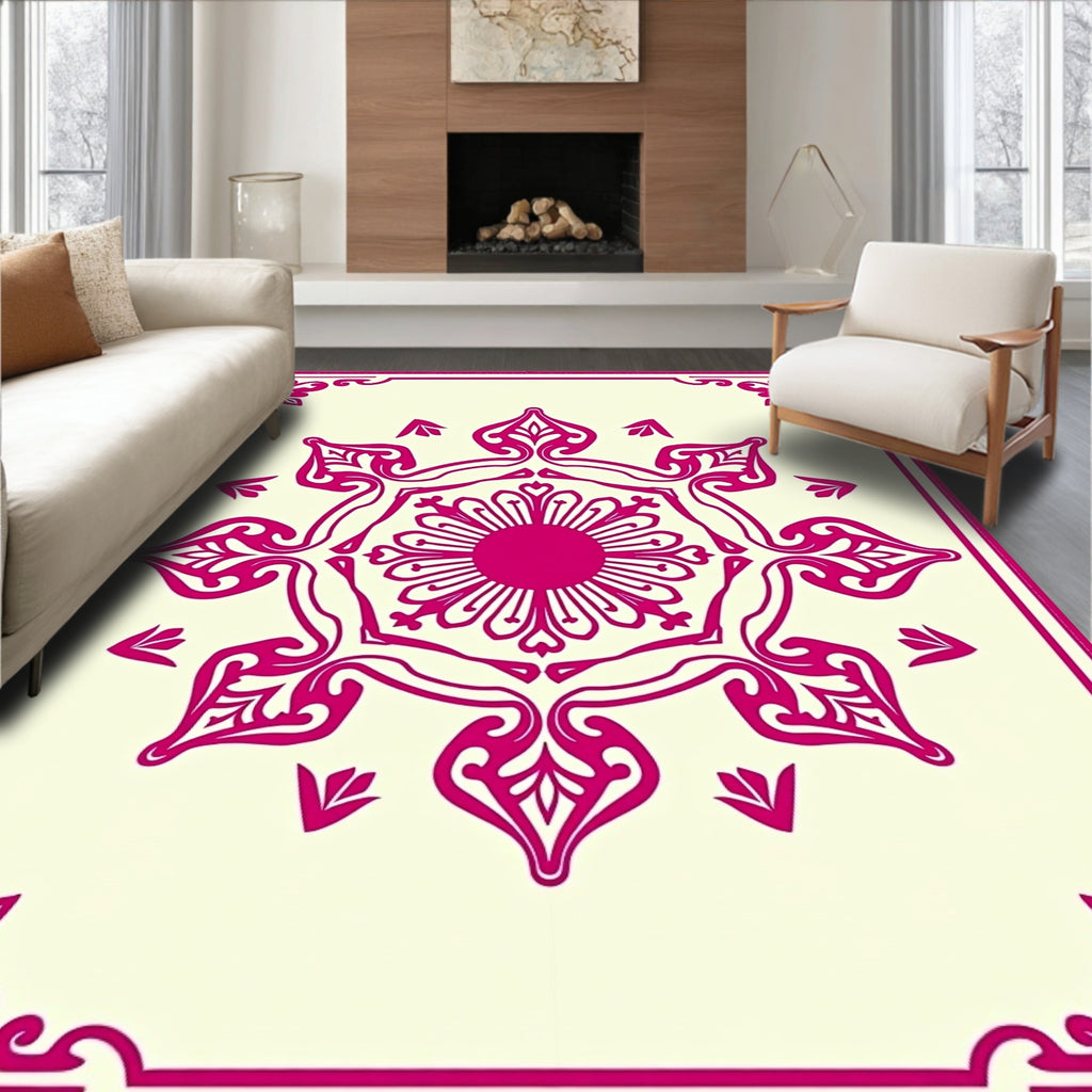 Crimson Floral Mandala Border Rug