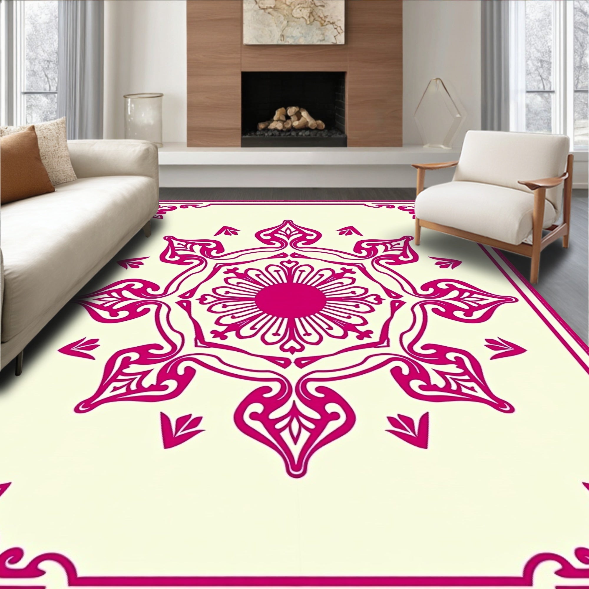 Crimson Floral Mandala Border Rug