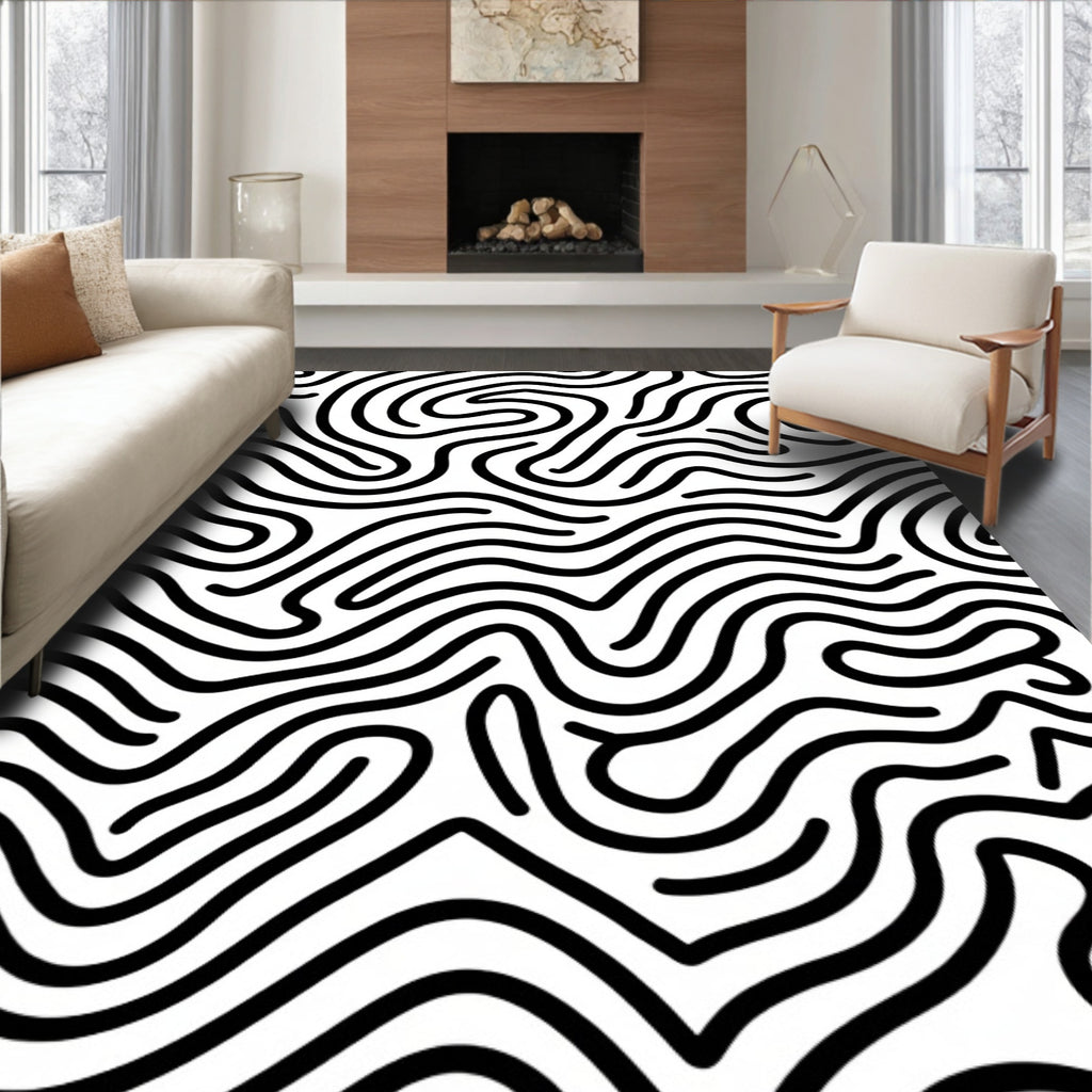 Black White Abstract Wavy Lines Rug