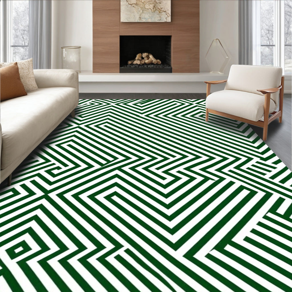 Deep Green Geometric Labyrinth Lines Rug
