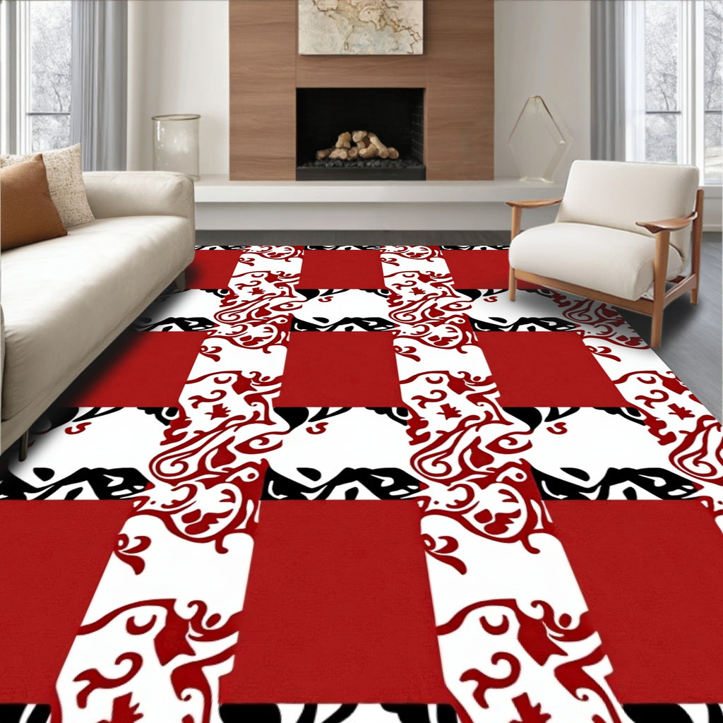 Red Black White Checkerboard Swirl Rug