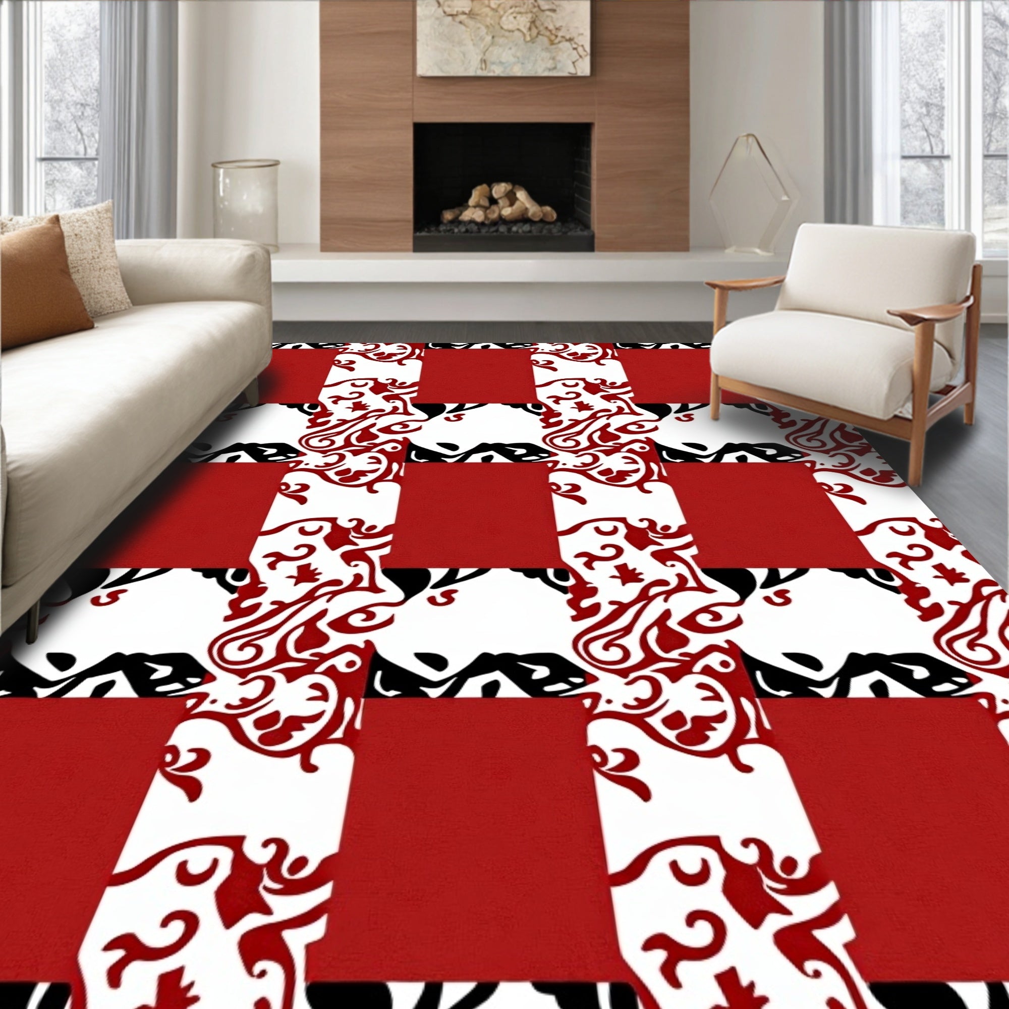 Red Black White Checkerboard Swirl Rug