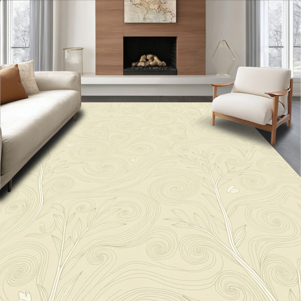 Cream Swirl Branch Leaf Rug