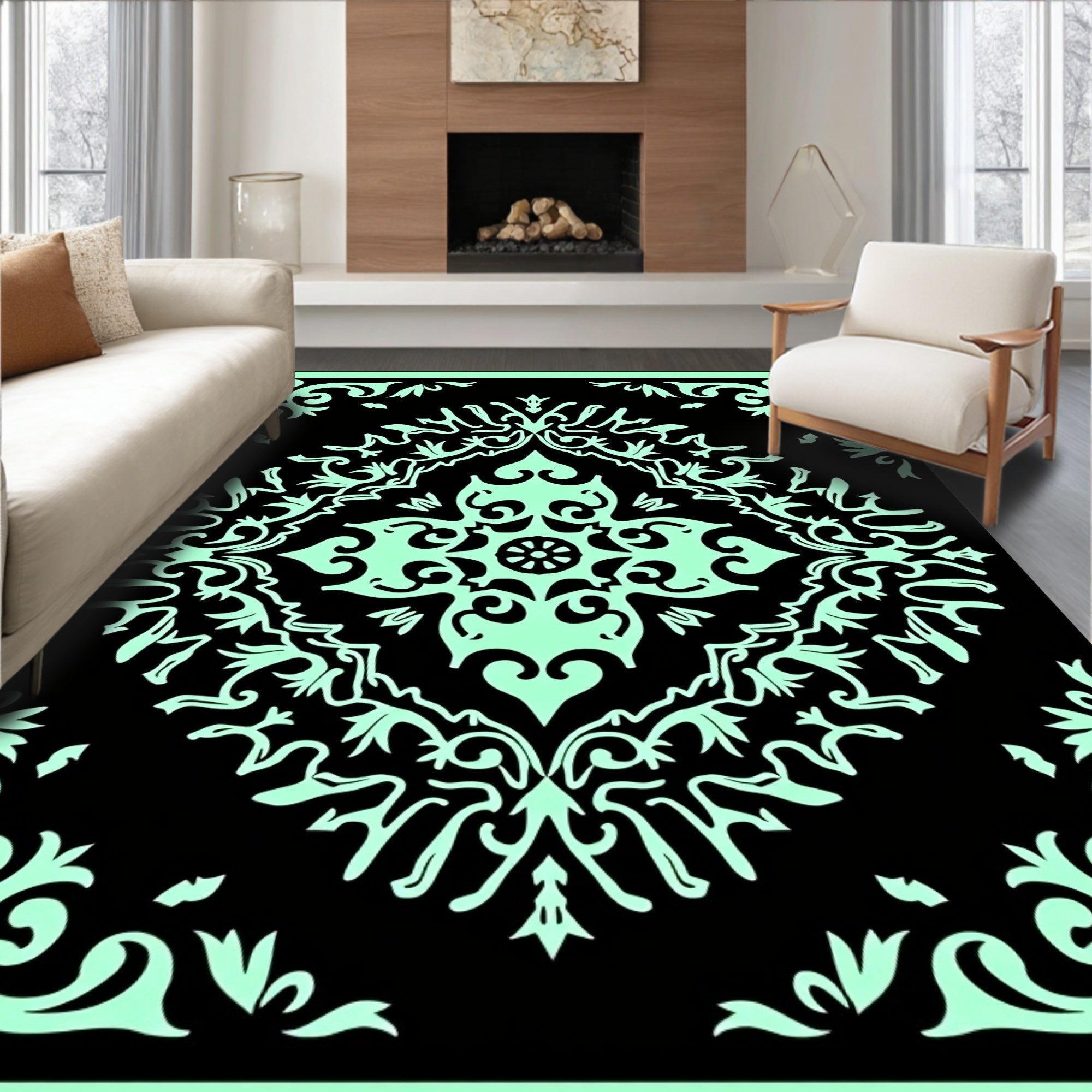 Aquamarine Black Scrollwork Medallion Rug