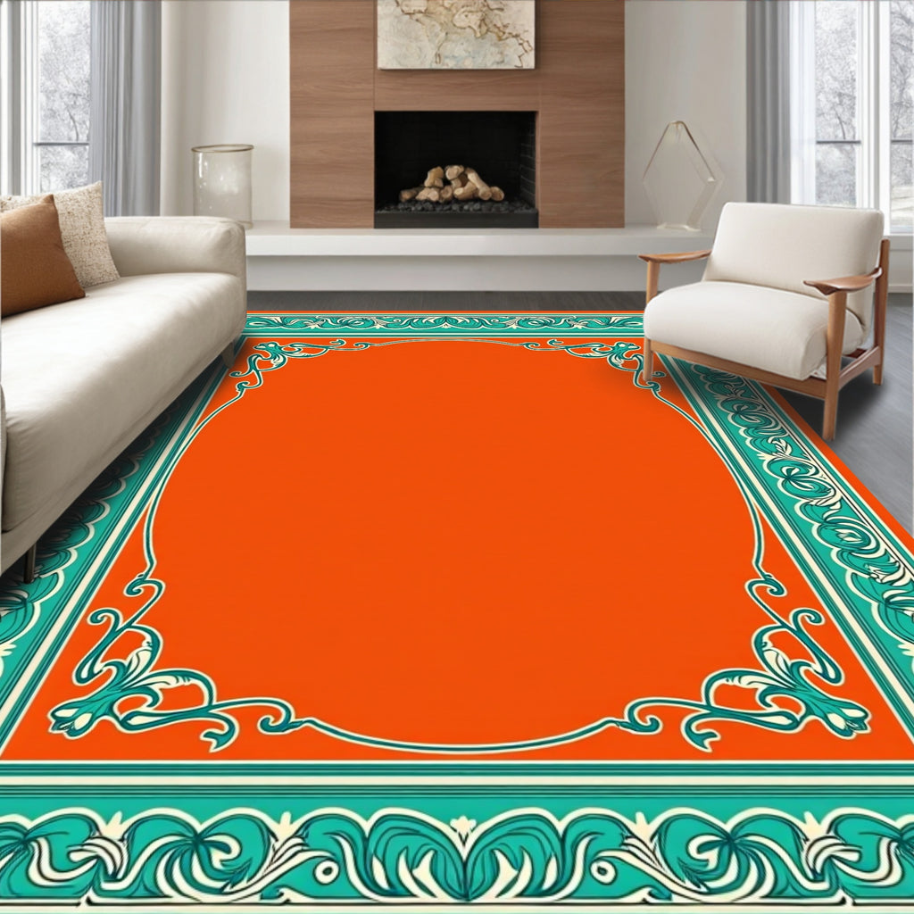 Vibrant Teal Orange Ornate Border Rug