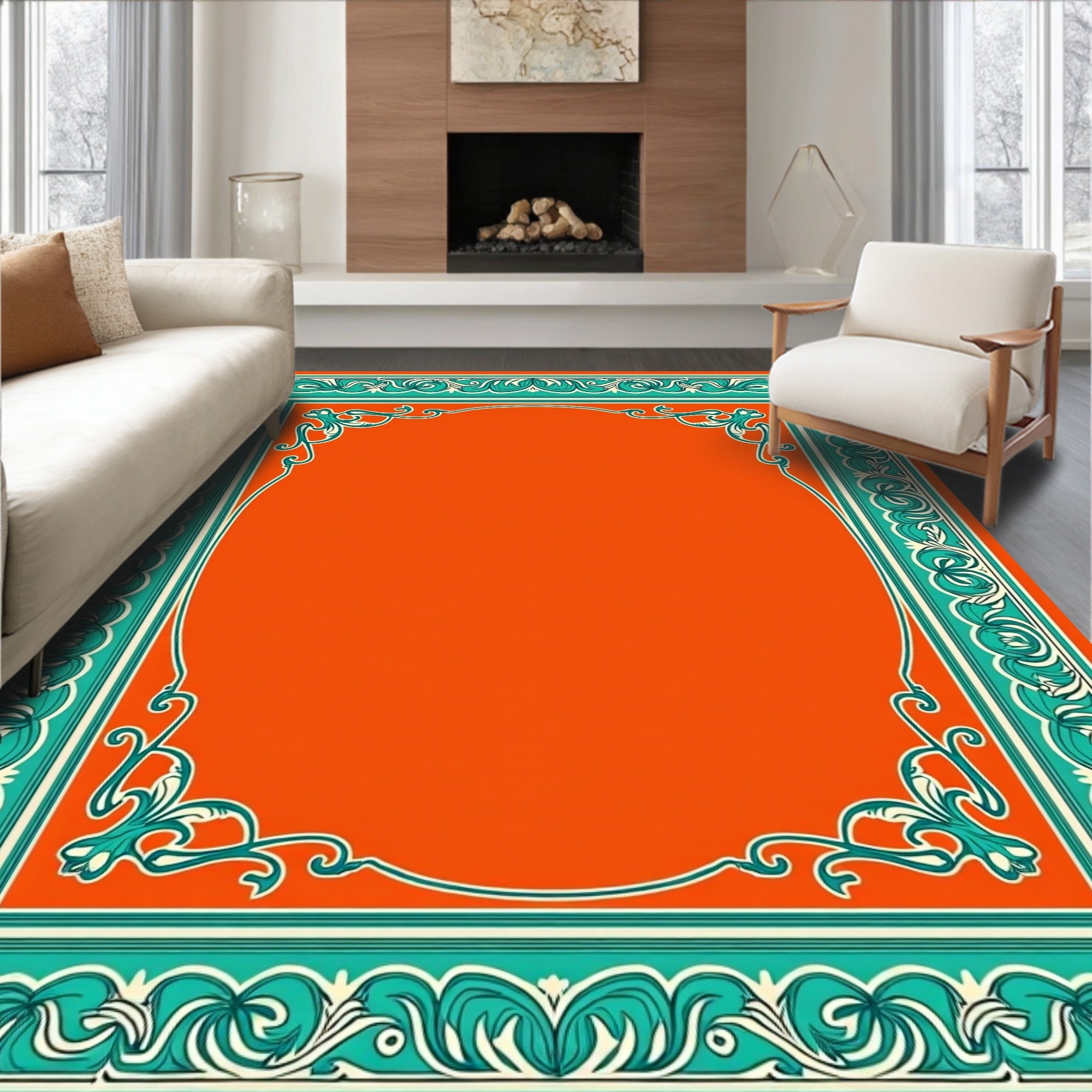 Vibrant Teal Orange Ornate Border Rug