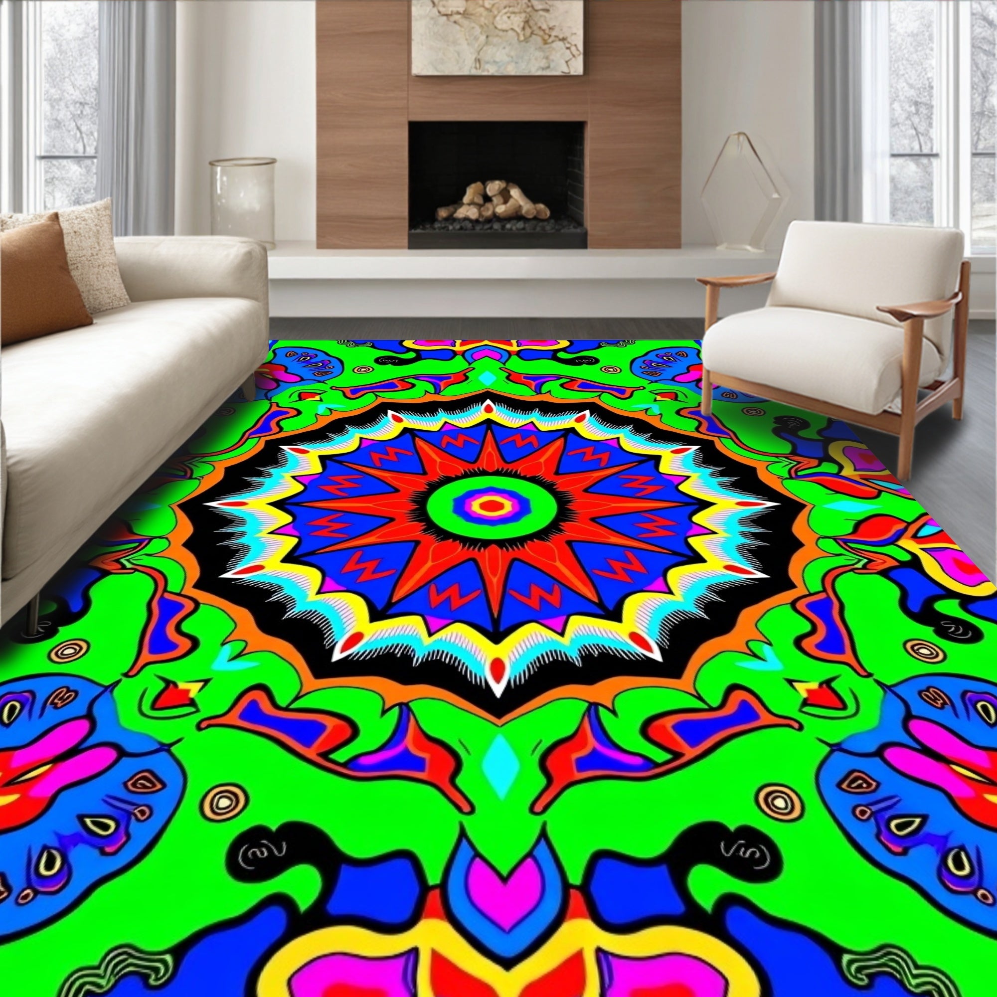 Vibrant Psychedelic Radial Mandala Rug