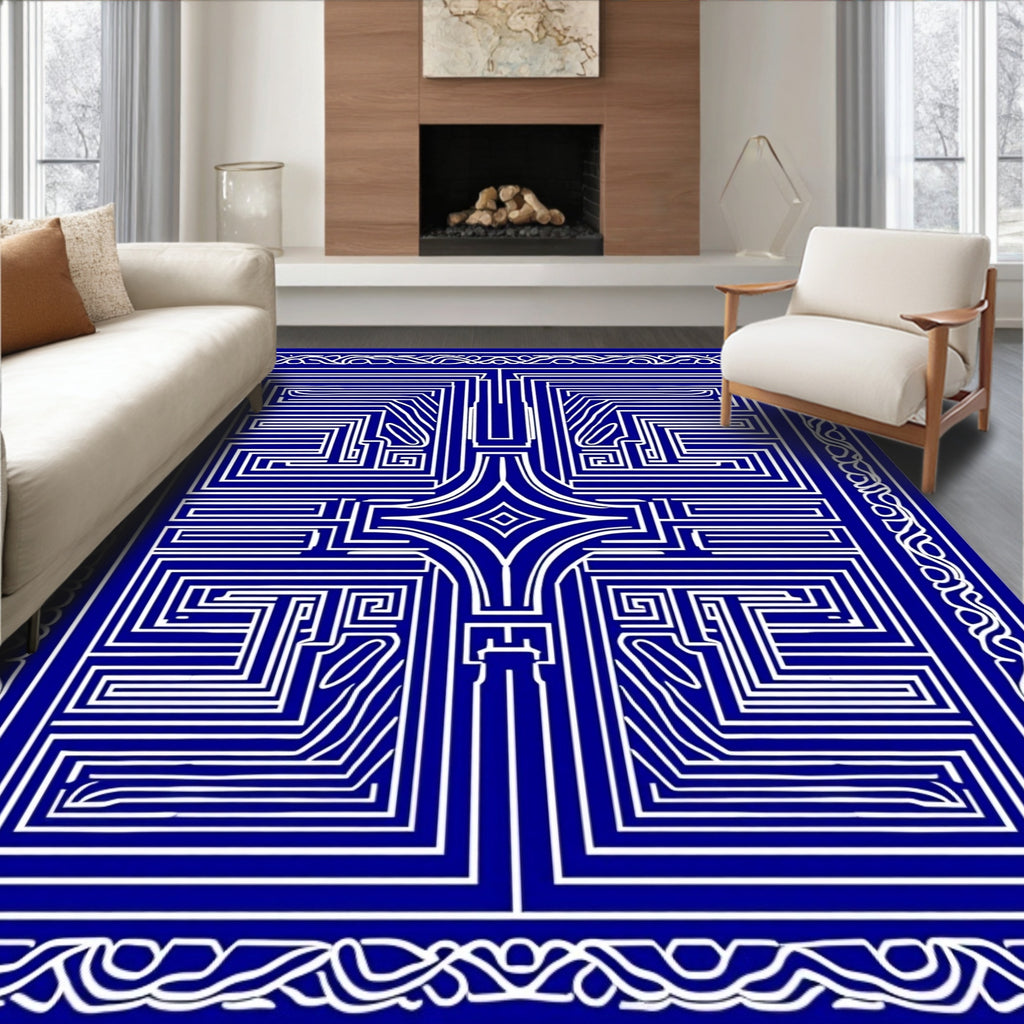 Intricate Blue White Geometric Maze Rug