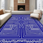 Intricate Blue White Geometric Maze Rug