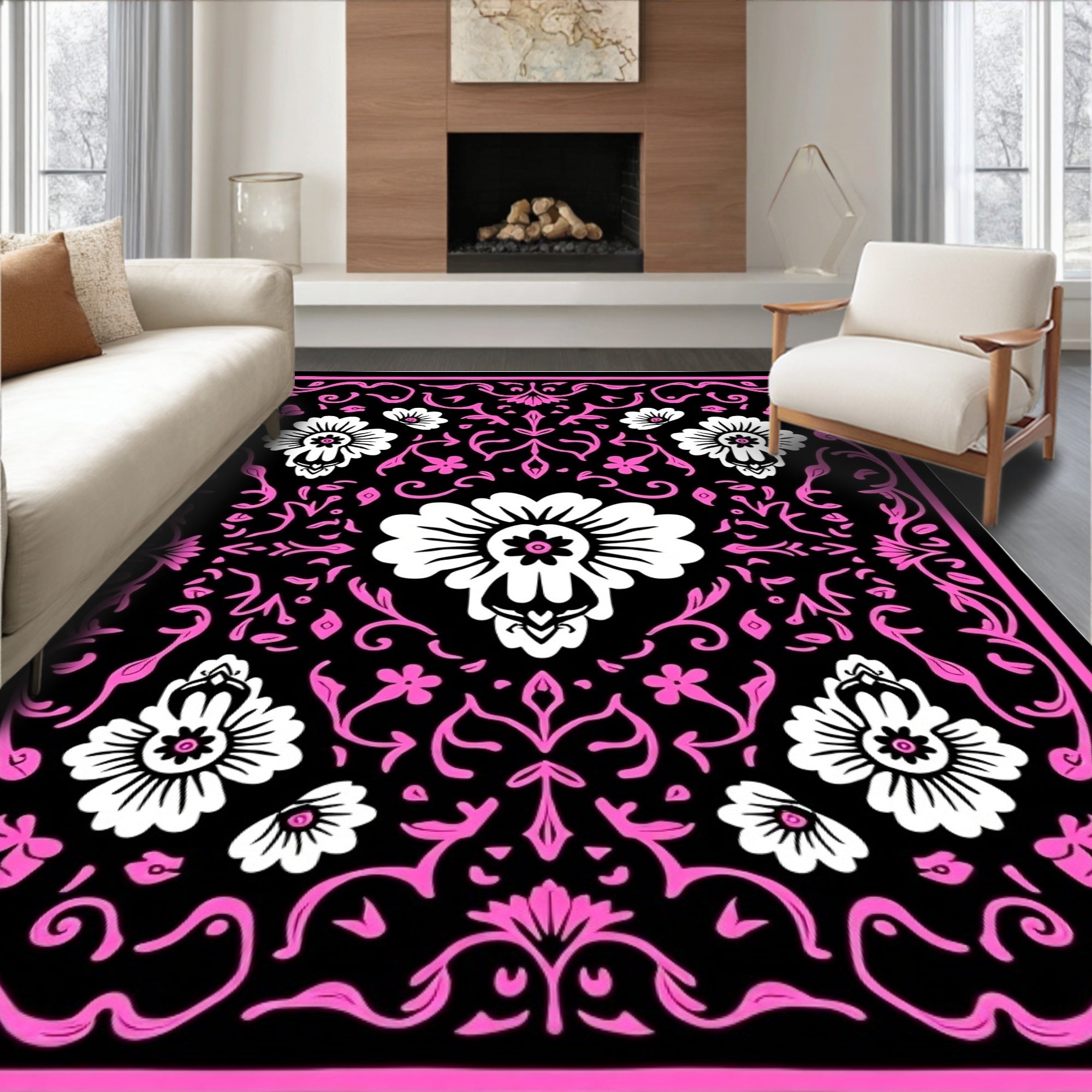 Bold Magenta Floral Damask Rug