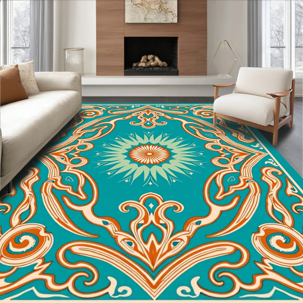 Turquoise Orange Floral Medallion Frame Rug
