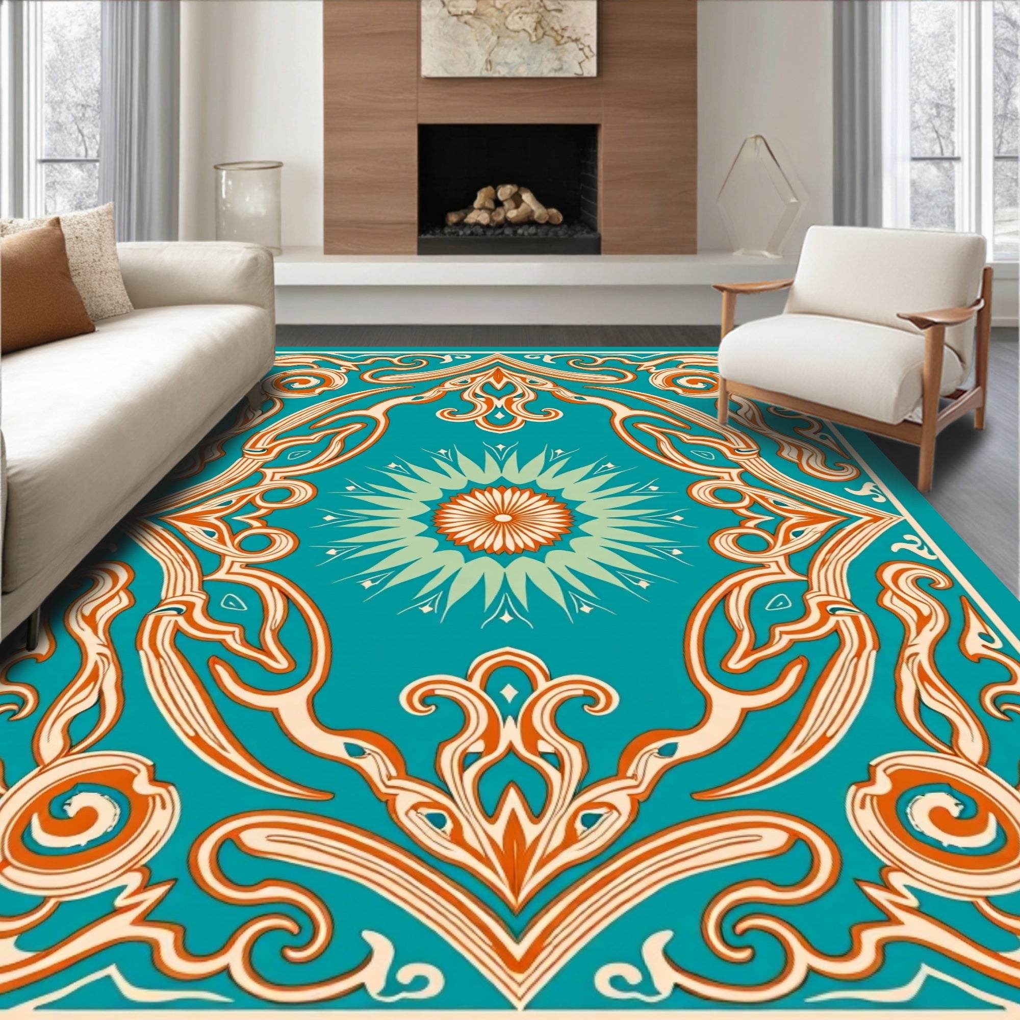 Turquoise Orange Floral Medallion Frame Rug