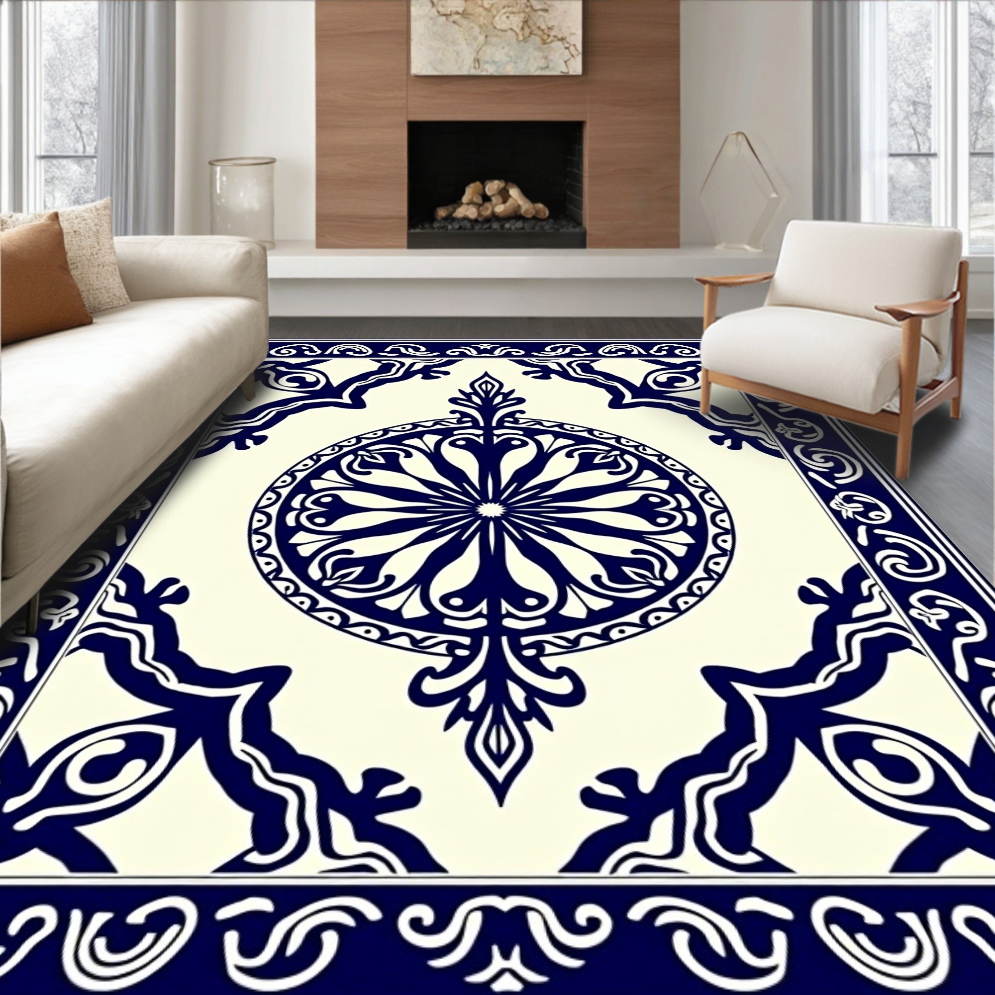 Deep Blue Ornate Medallion Border Rug