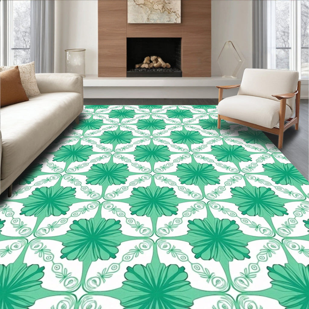 Teal Green Floral Geometric Lattice Rug