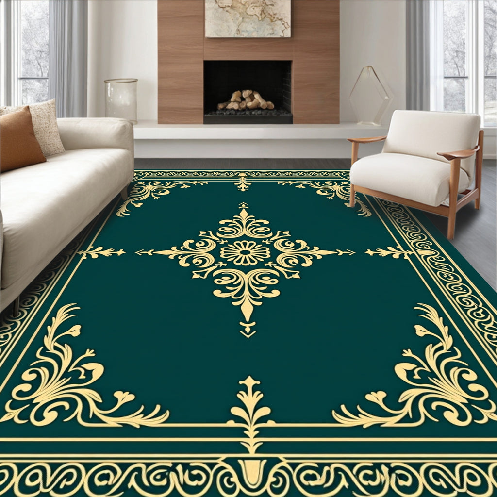 Deep Teal Golden Baroque Filigree Rug