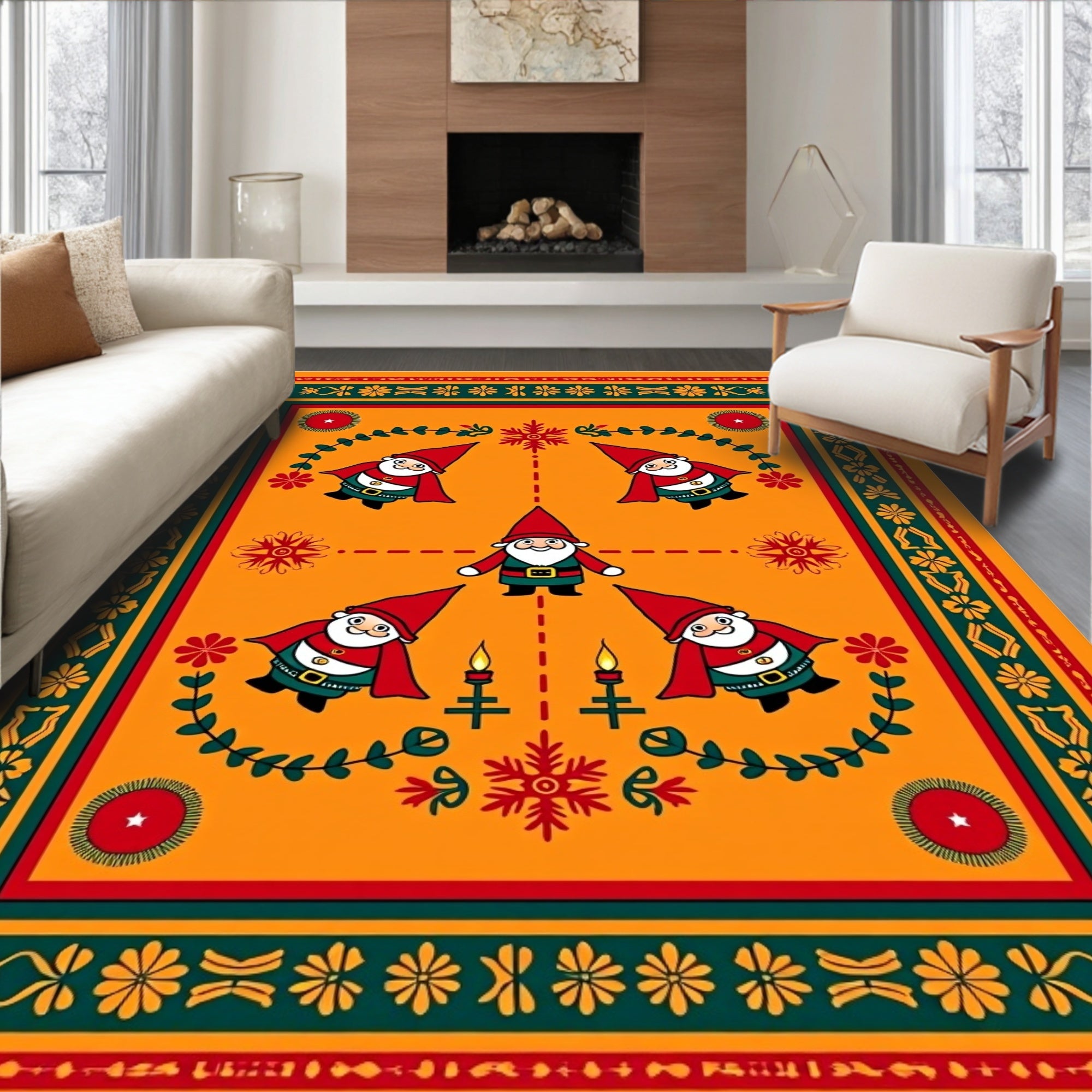 Whimsical Gnome Garden Red Floral Rug