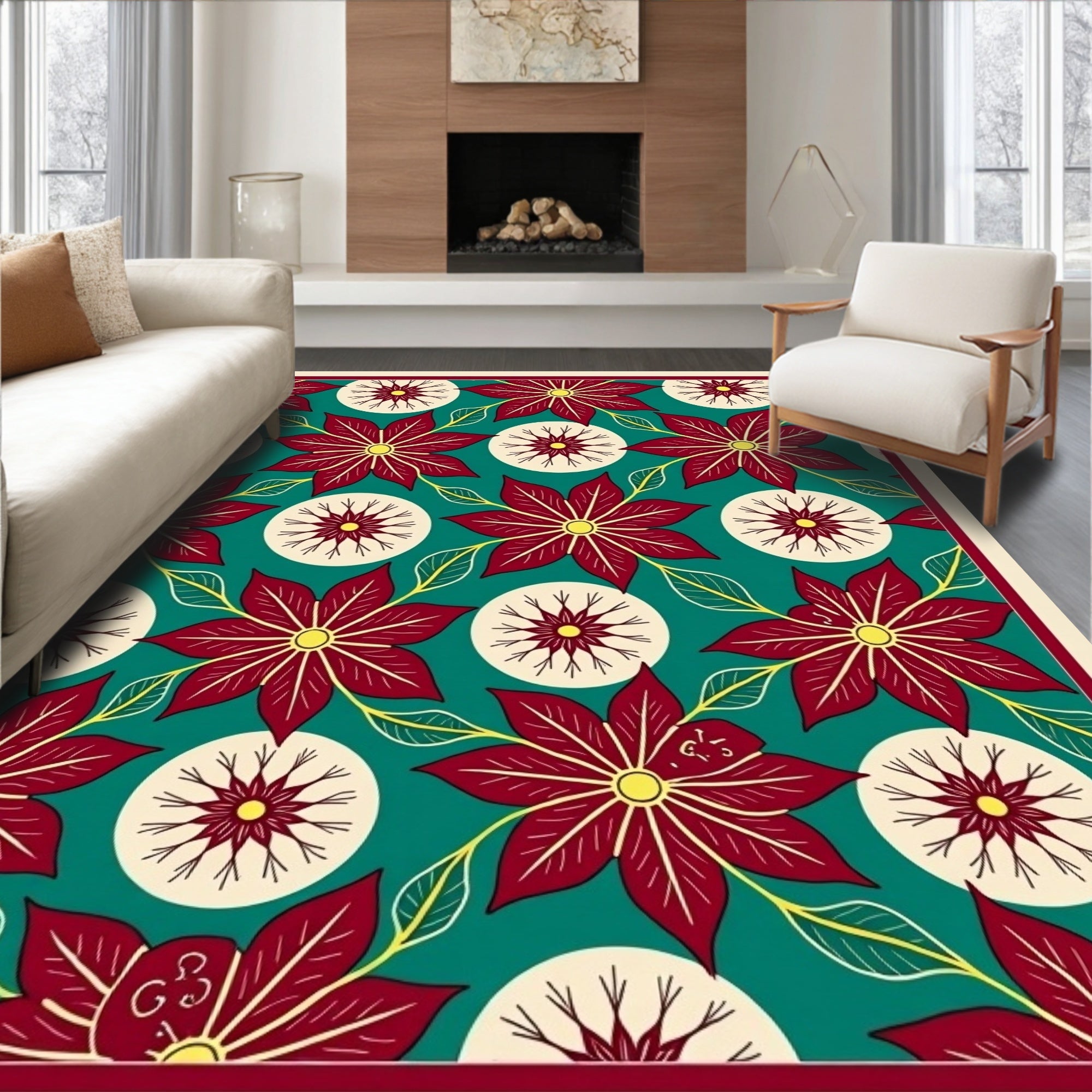 Crimson Poinsettia Teal Floral Medallion Rug