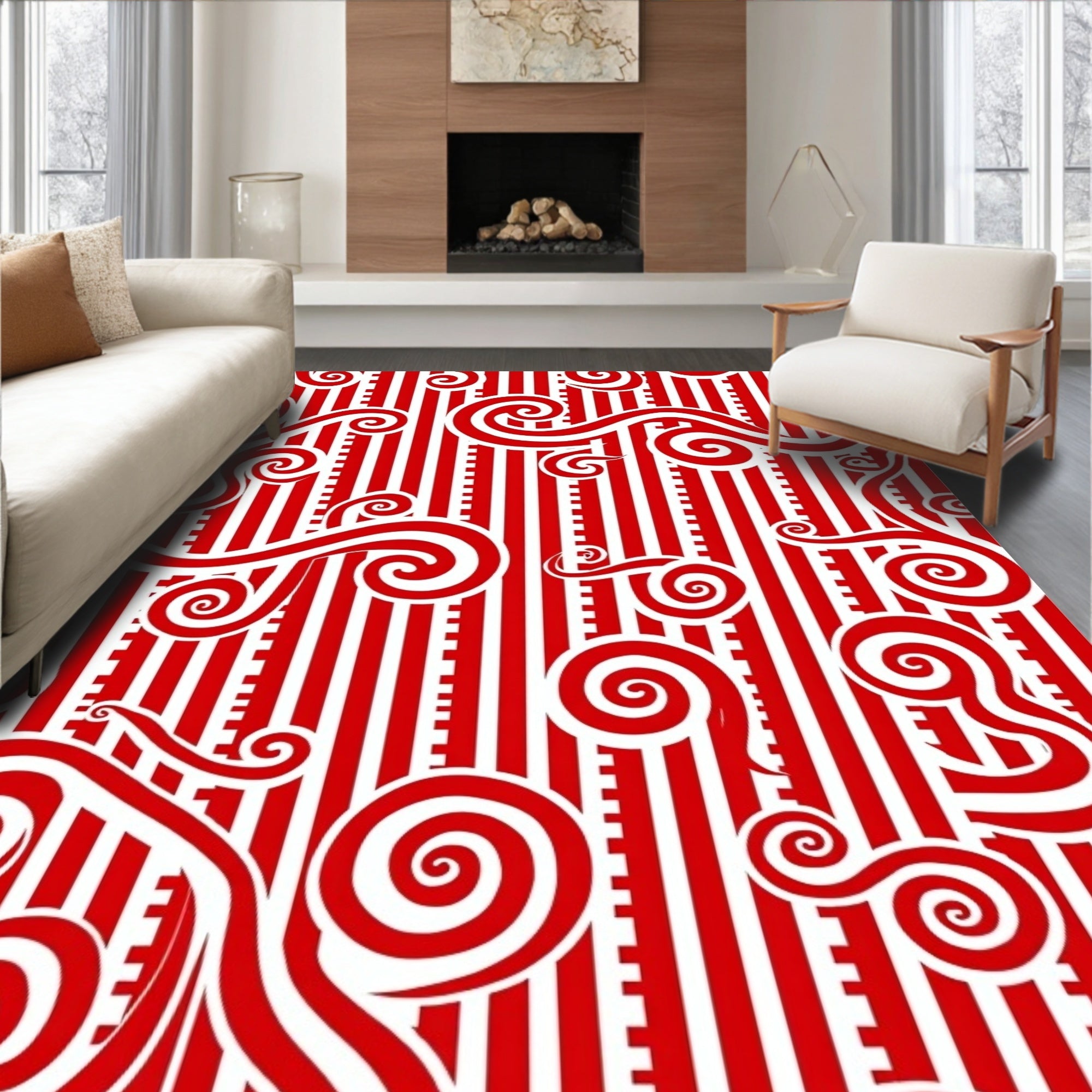 Red White Swirl Stripe Abstract Rug