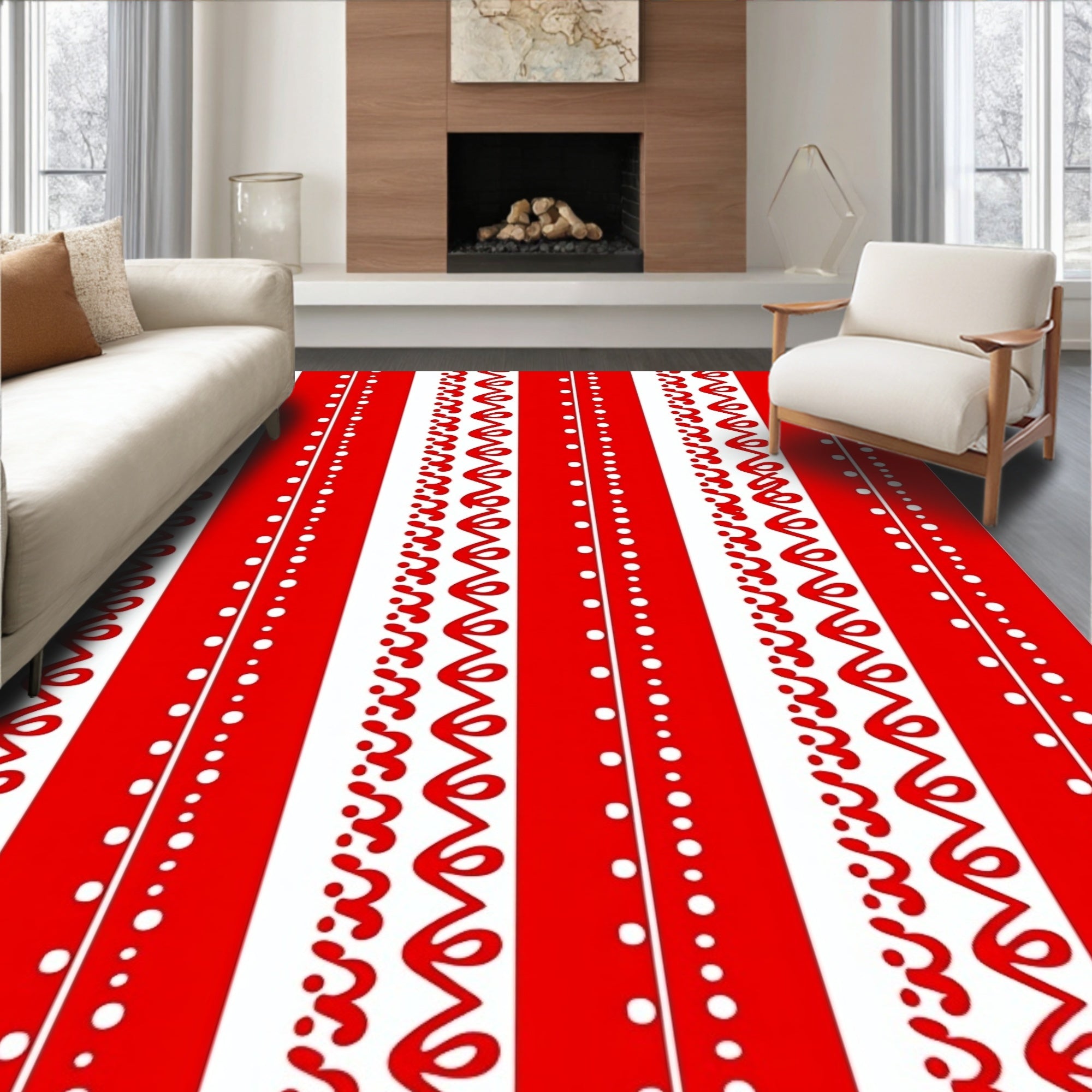 Red White Stripe Curlicue Dot Rug