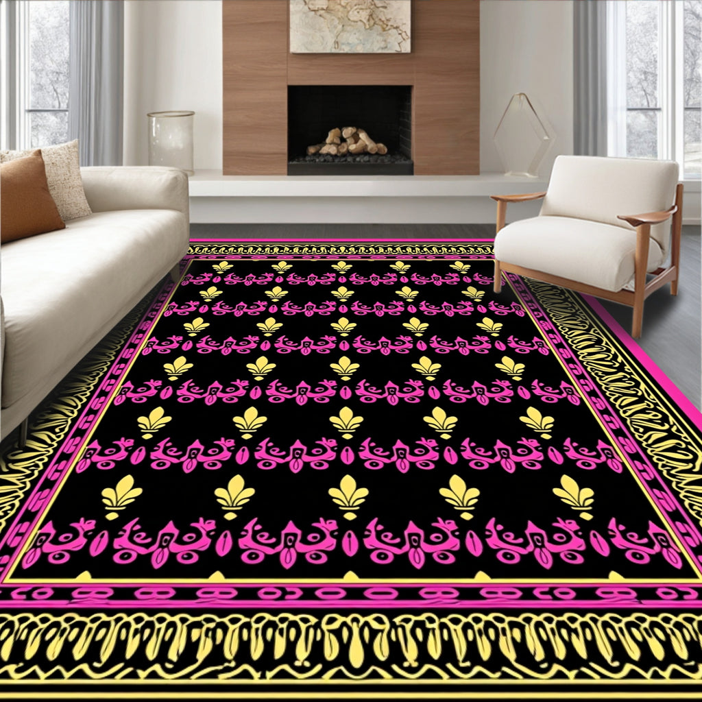Luxe Black Pink Gold Floral Border Rug