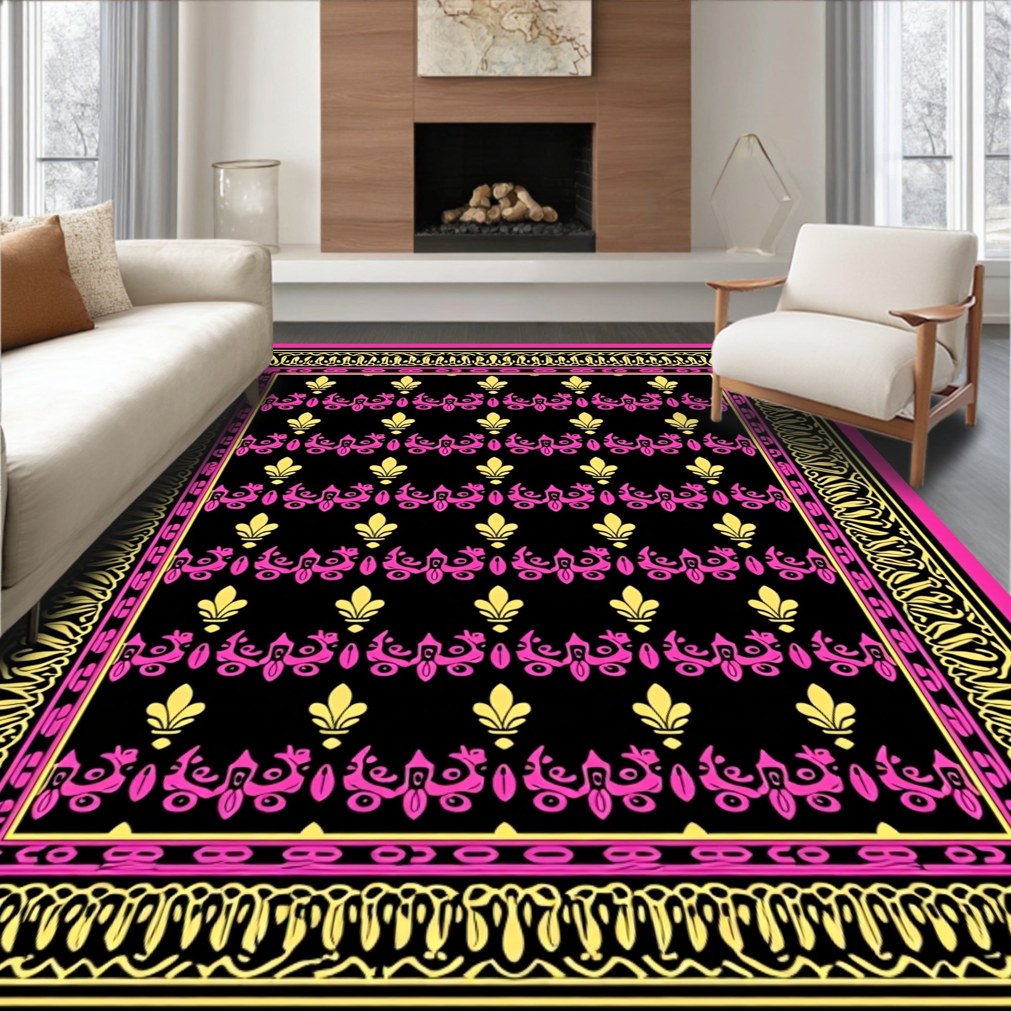 Luxe Black Pink Gold Floral Border Rug
