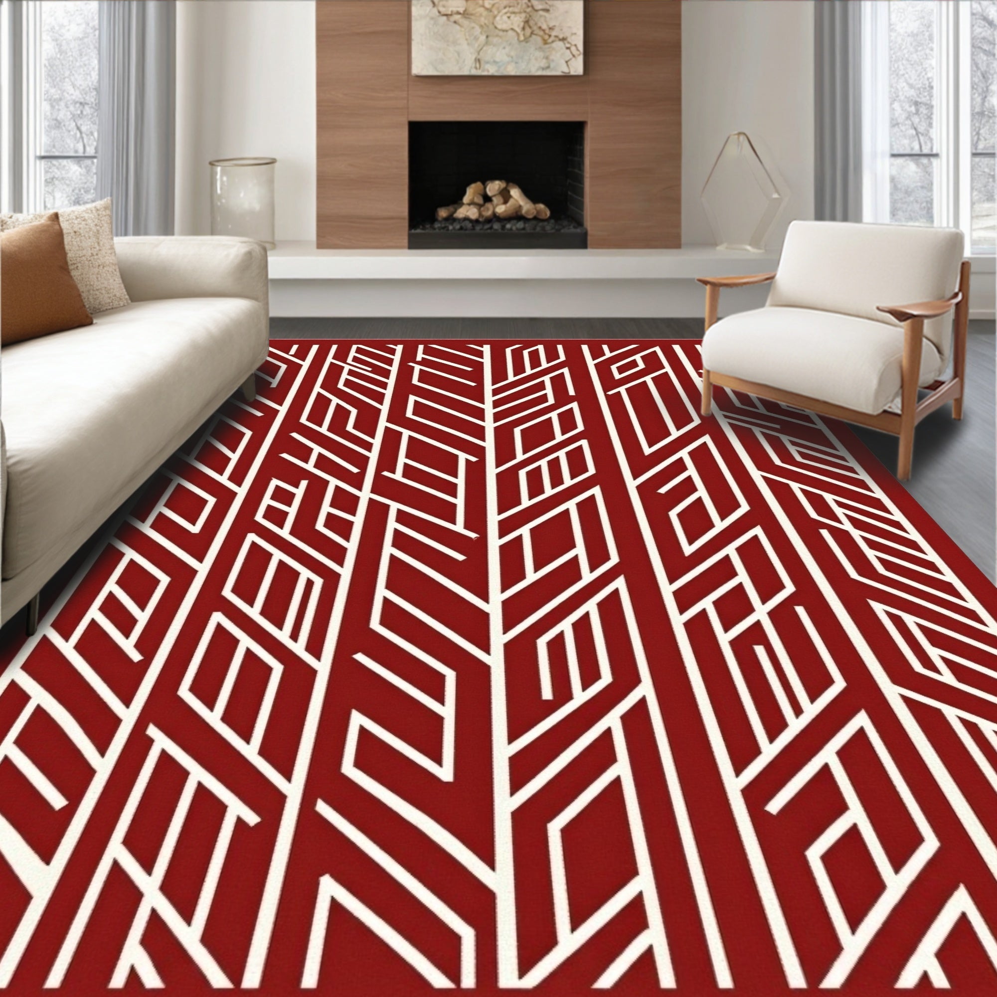 Crimson Interlocking Linear Geometric Rug