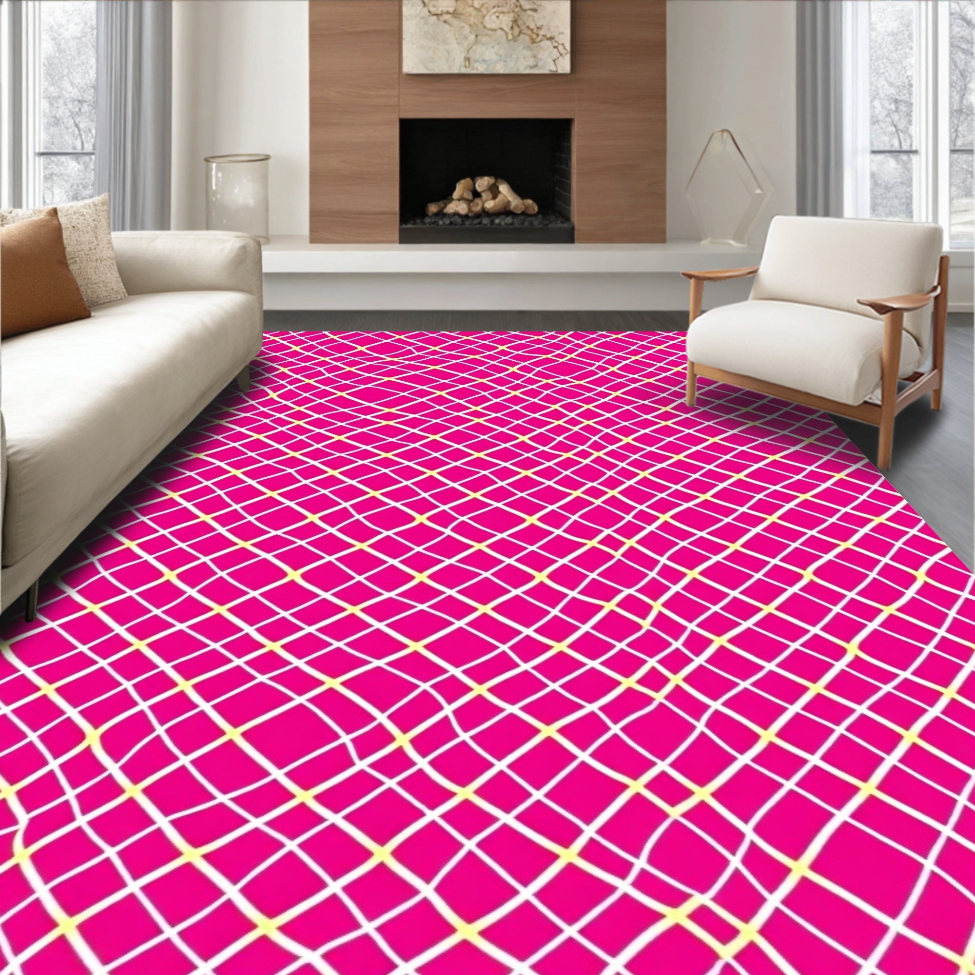 Bright Pink Grid Intertwined Lines Rug