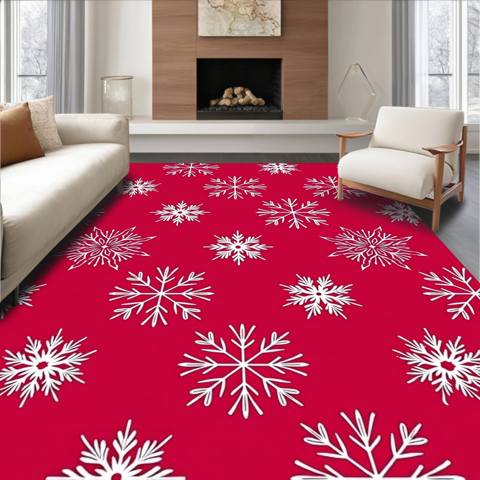 Crimson Red White Snowflake Collection Rug