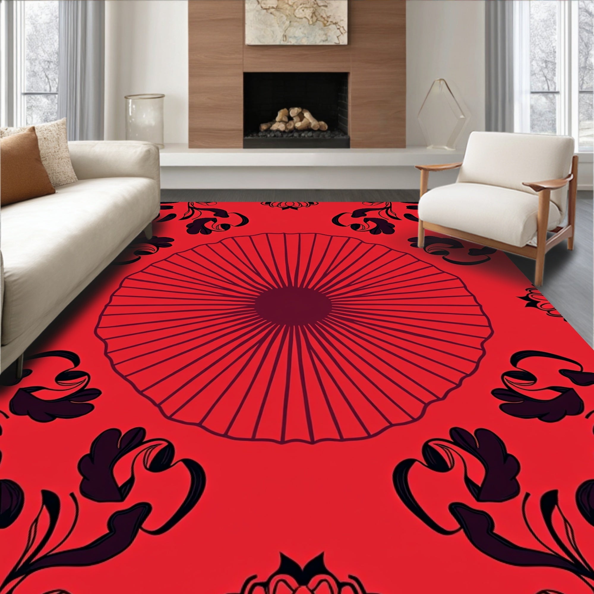 Red Floral Fan Medallion Rug