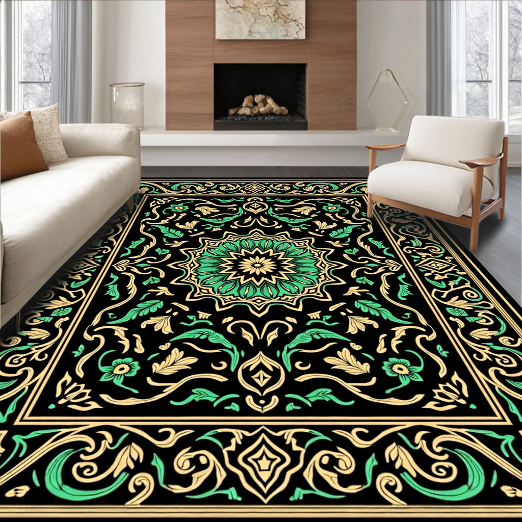 Elaborate Floral Mandala Black Emerald Rug