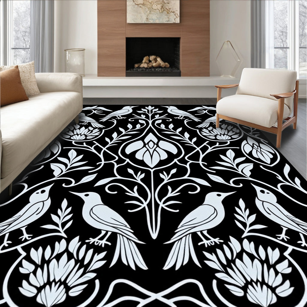 Art Nouveau White Bird Floral Illustration Rug