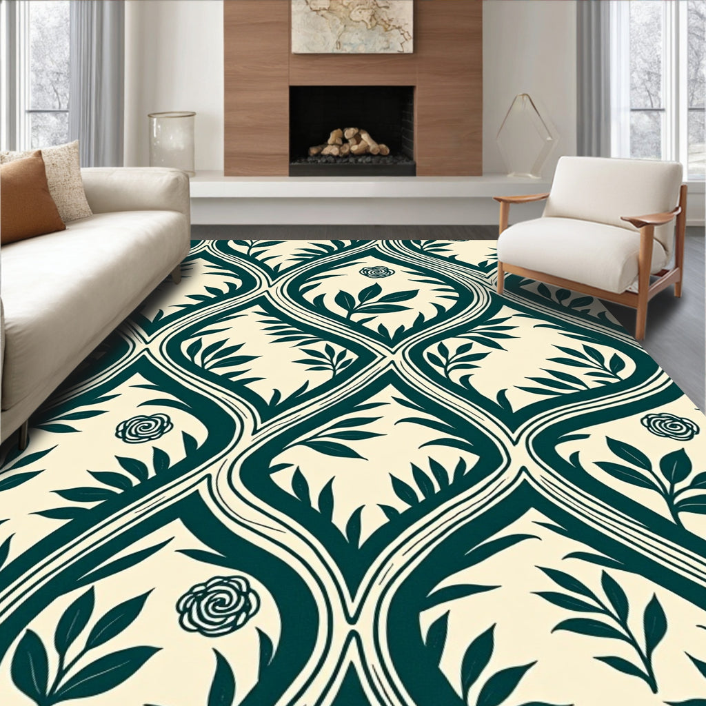 Teal Vine Rose Lattice Rug