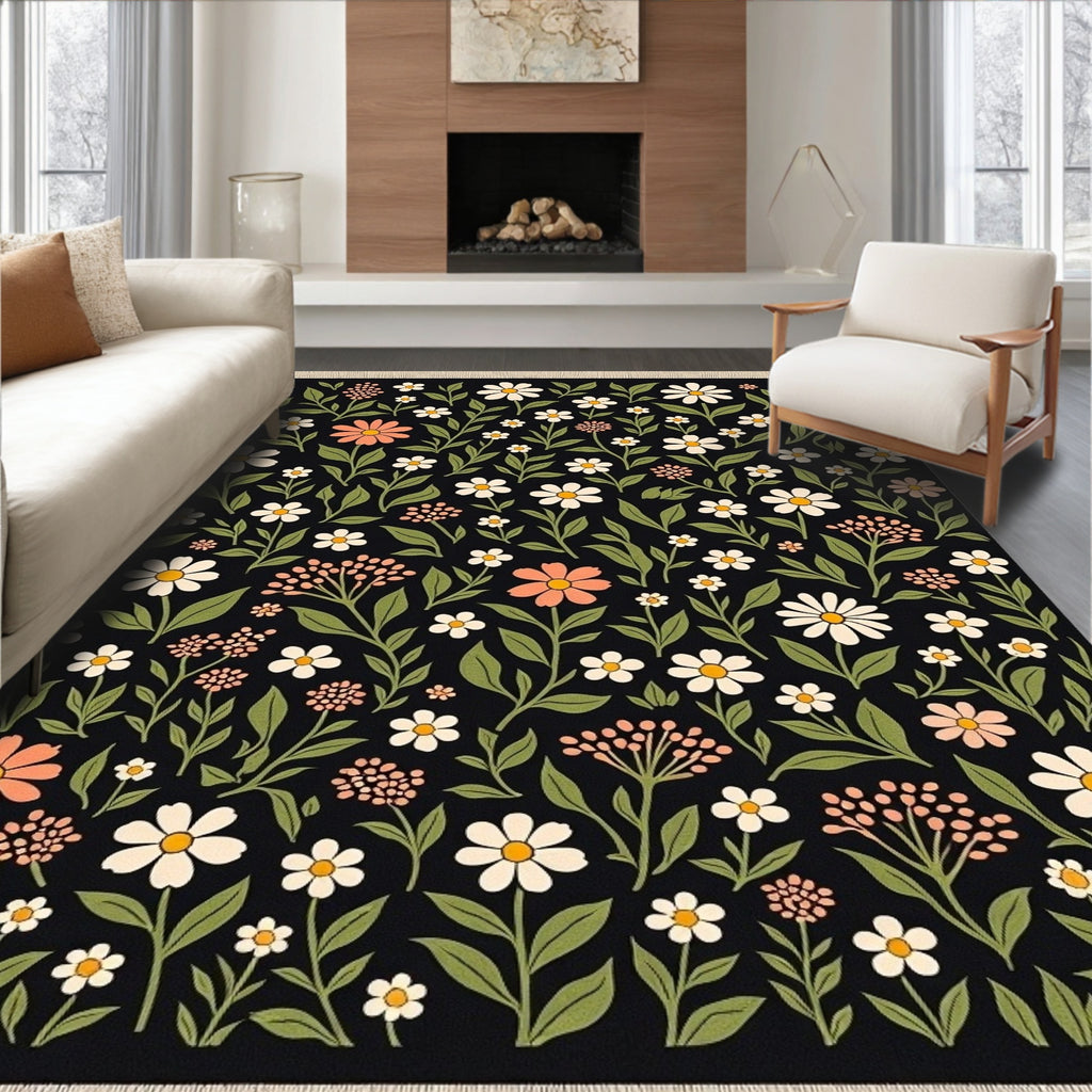 Black Floral Meadow Bloom Rug